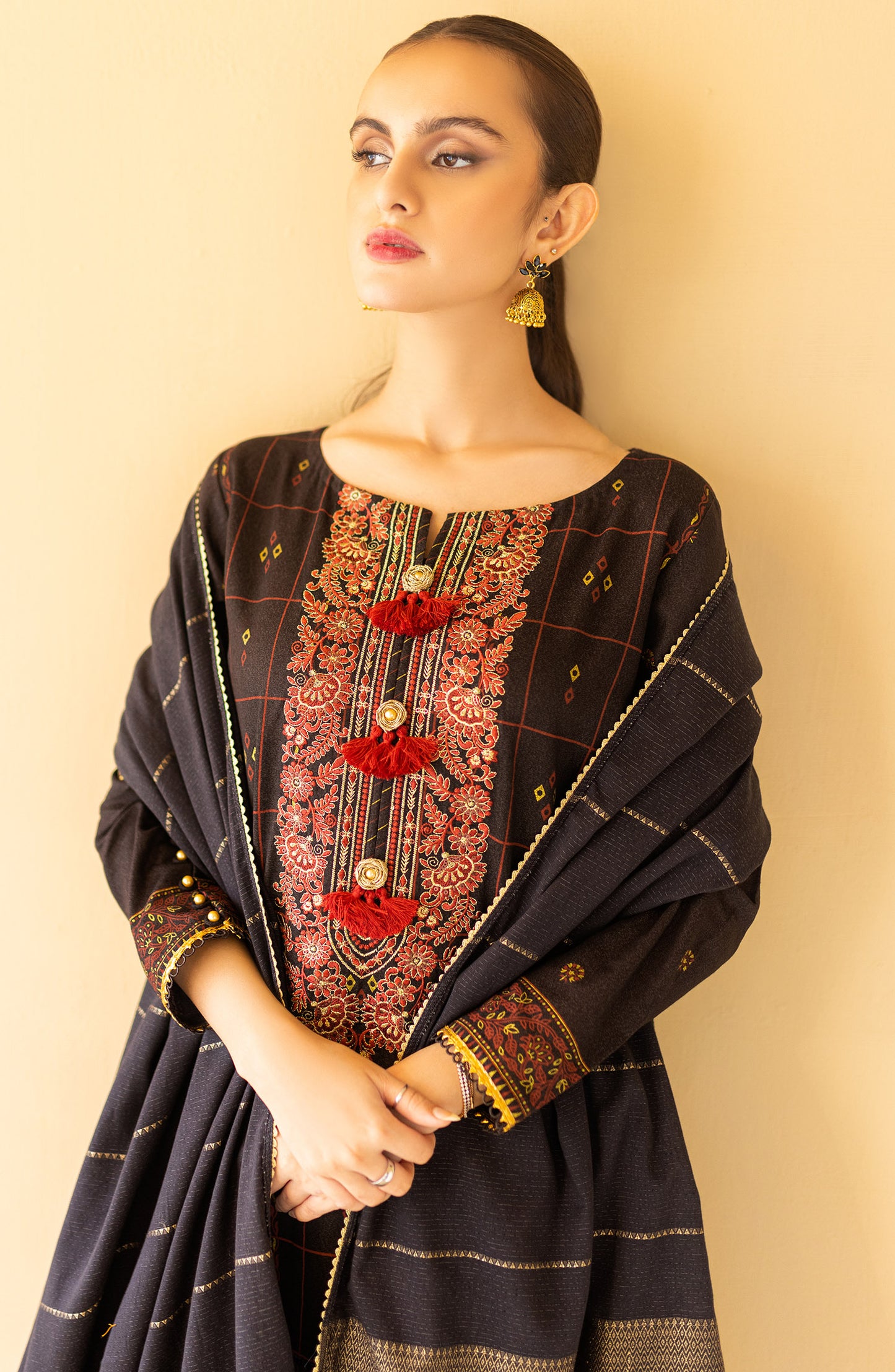 OTL-22-088/U BLACK KARANDI  UNSTITCHED SHIRT DUPATTA PANTS