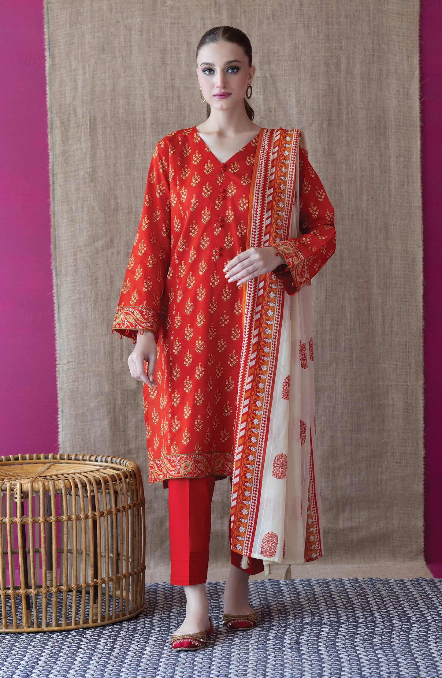 OTL-22-203/U RED CAMBRIC  UNSTITCHED SHIRT DUPATTA PANTS