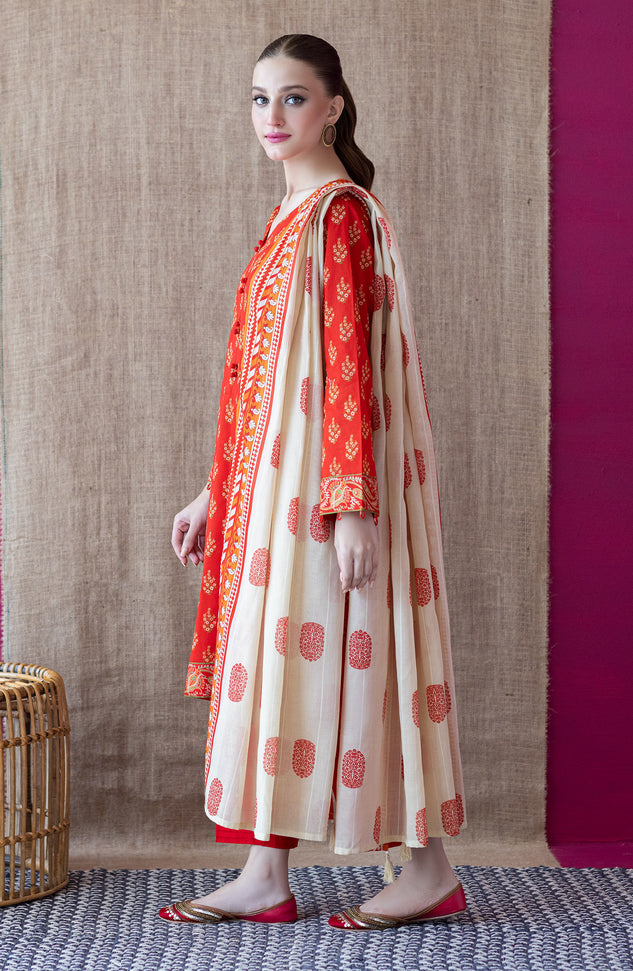 OTL-22-203/U RED CAMBRIC  UNSTITCHED SHIRT DUPATTA PANTS
