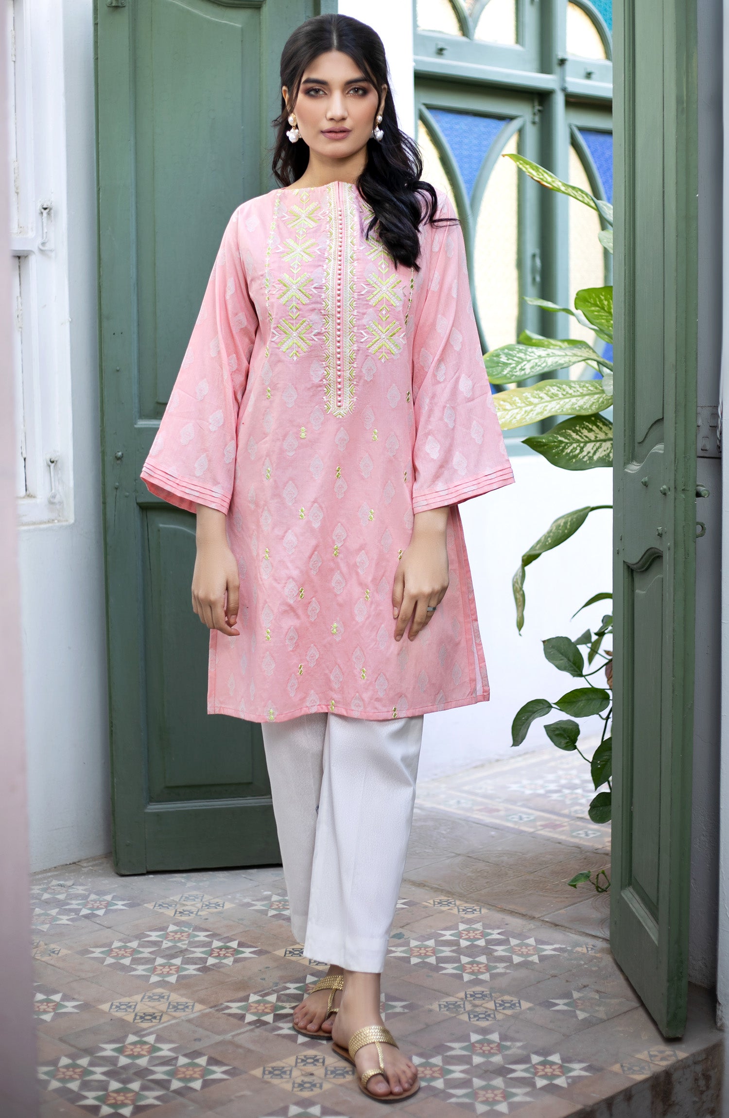 Stitched 1 Piece Embroidered Jacquard Shirt (OTL-21-033/A/S PINK)