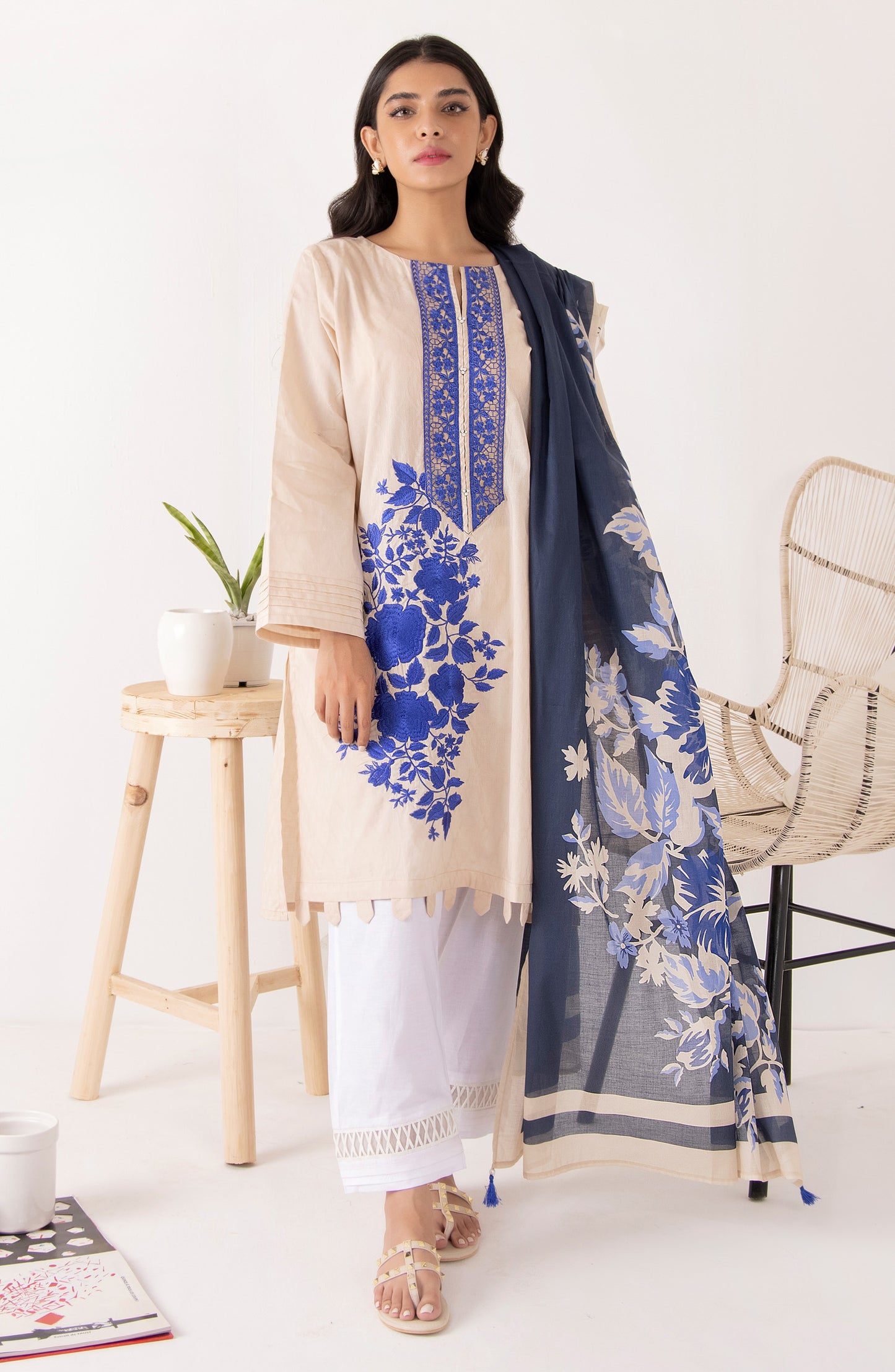 Stitched 2 Piece Embroidered Jacquard Shirt and Lawn Dupatta