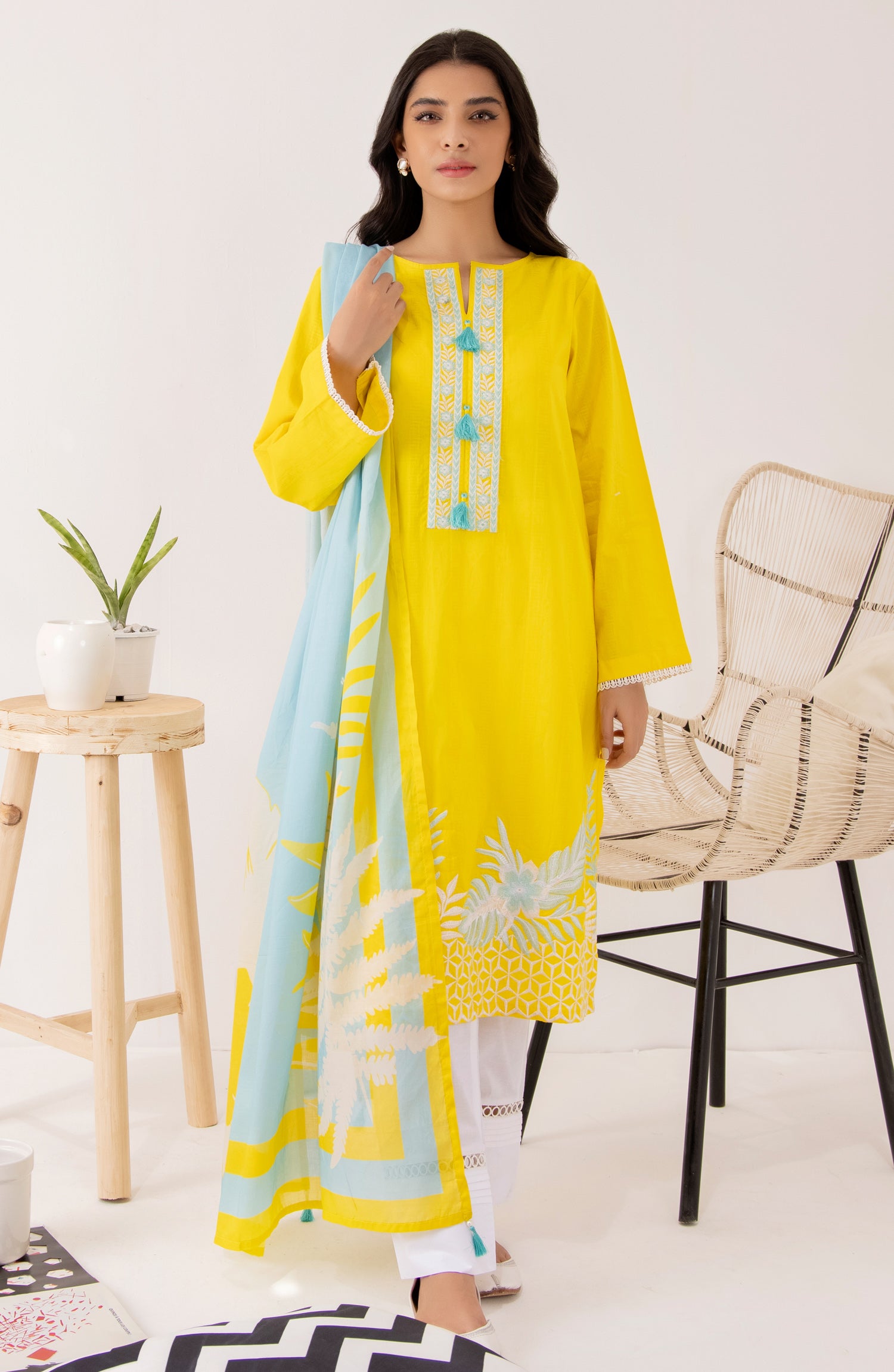 Stitched 2 Piece Embroidered Jacquard Shirt and Lawn Dupatta (NRDS-203/S YELLOW)