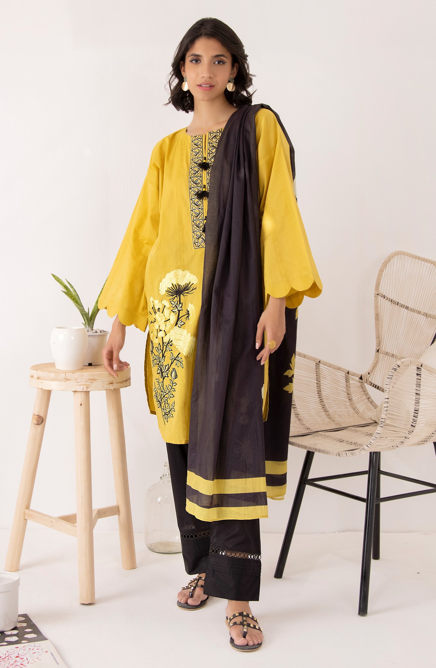 Stitched 2 Piece Embroidered Jacquard Shirt and Lawn Dupatta (NRDS-206/S MUSTARD)