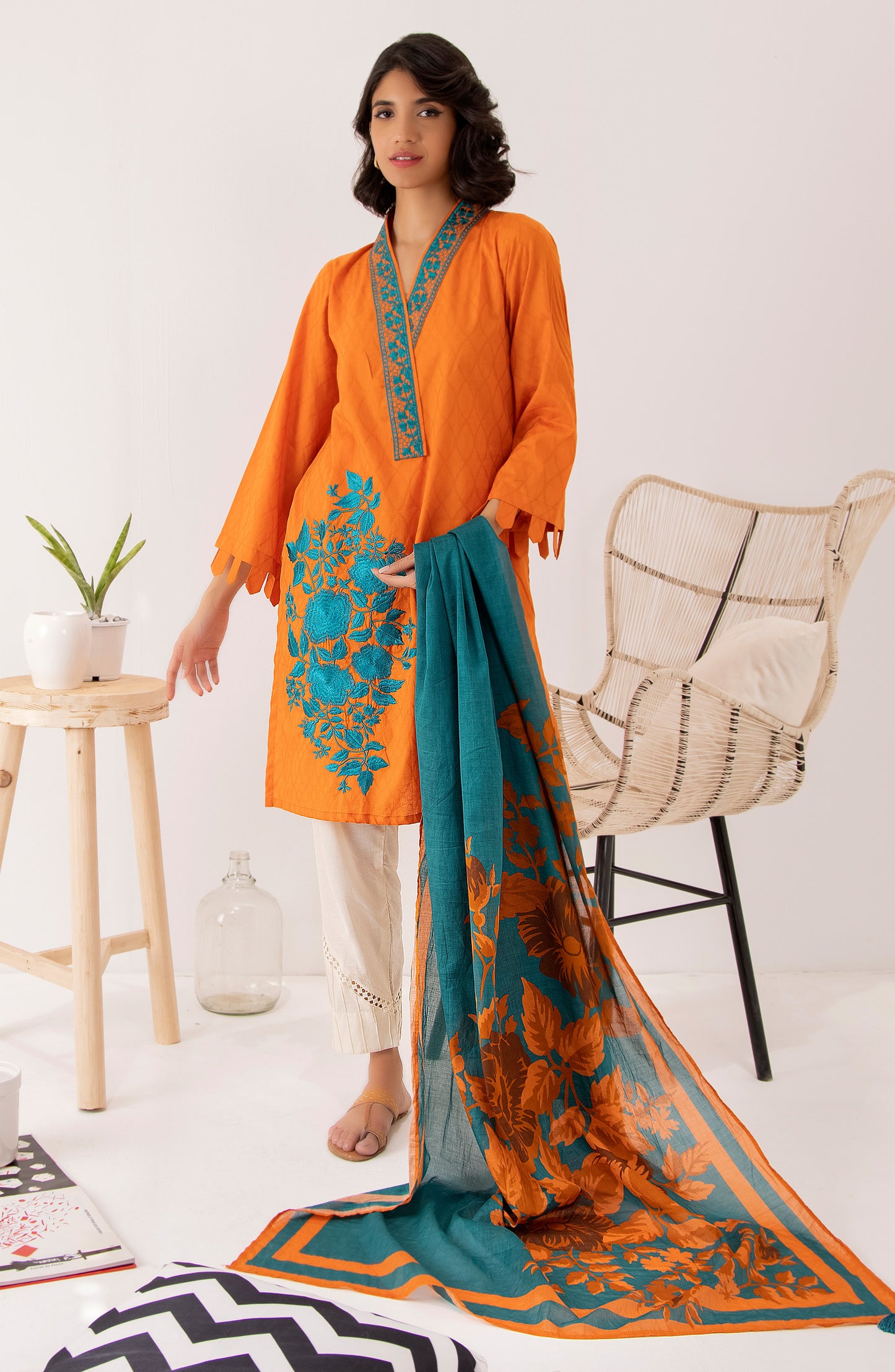 Stitched 2 Piece Embroidered Jacquard Shirt and Lawn Dupatta