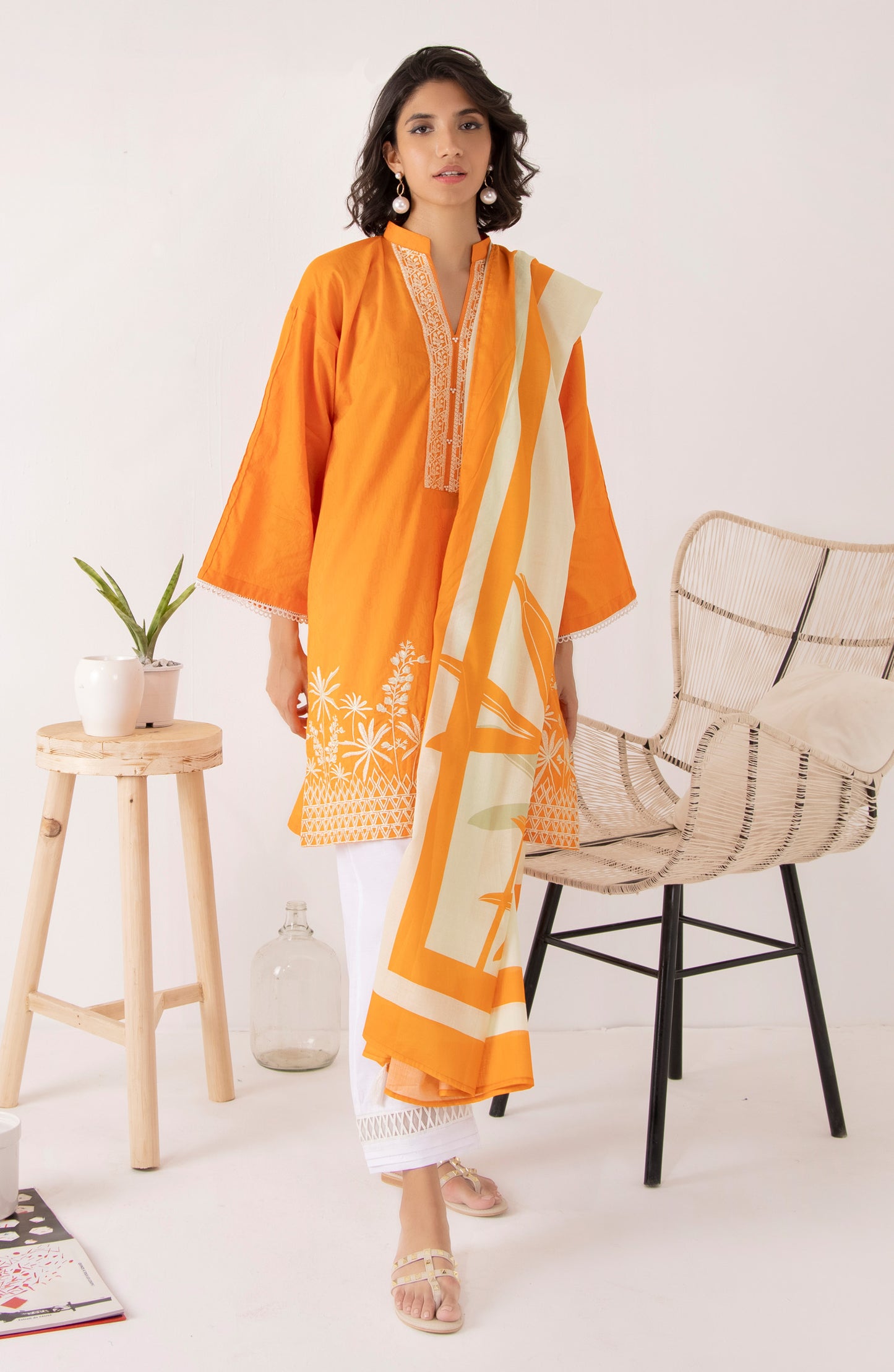 Stitched 2 Piece Embroidered Jacquard Shirt and Lawn Dupatta (NRDS-220/S ORANGE)