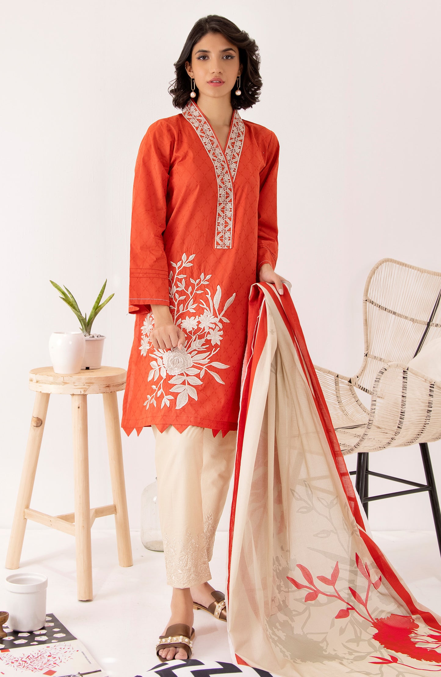 Stitched 2 Piece Embroidered Jacquard Shirt and Lawn Dupatta