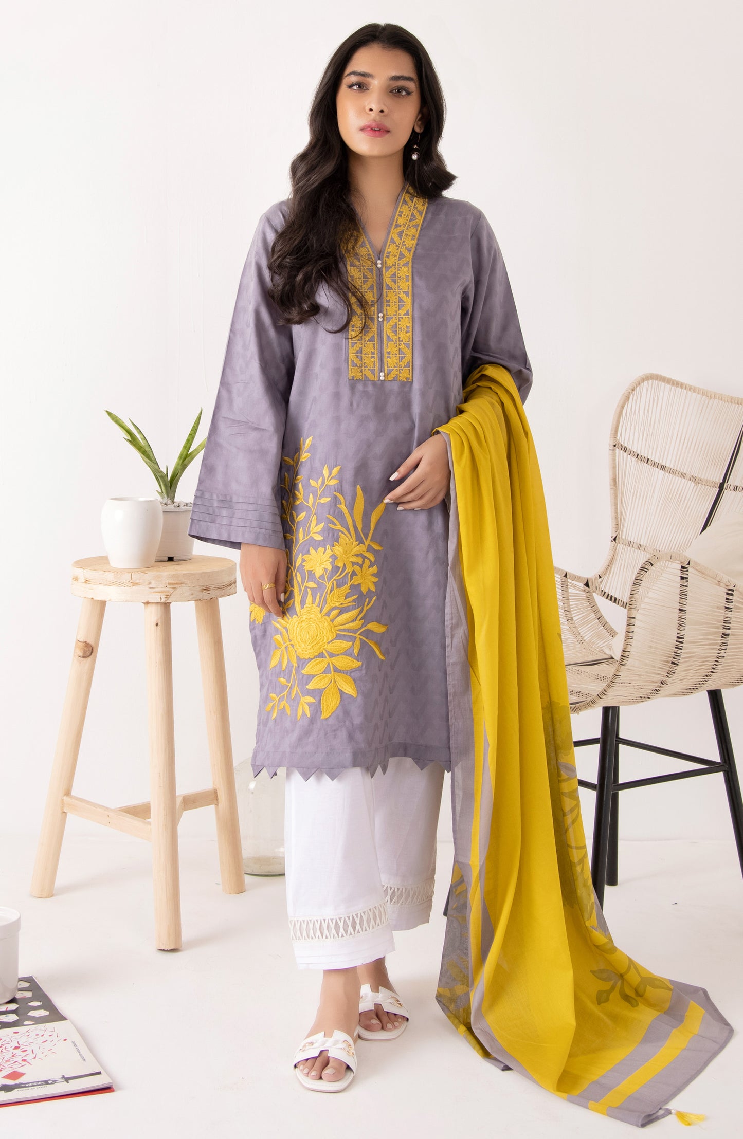 Stitched 2 Piece Embroidered Jacquard Shirt and Lawn Dupatta