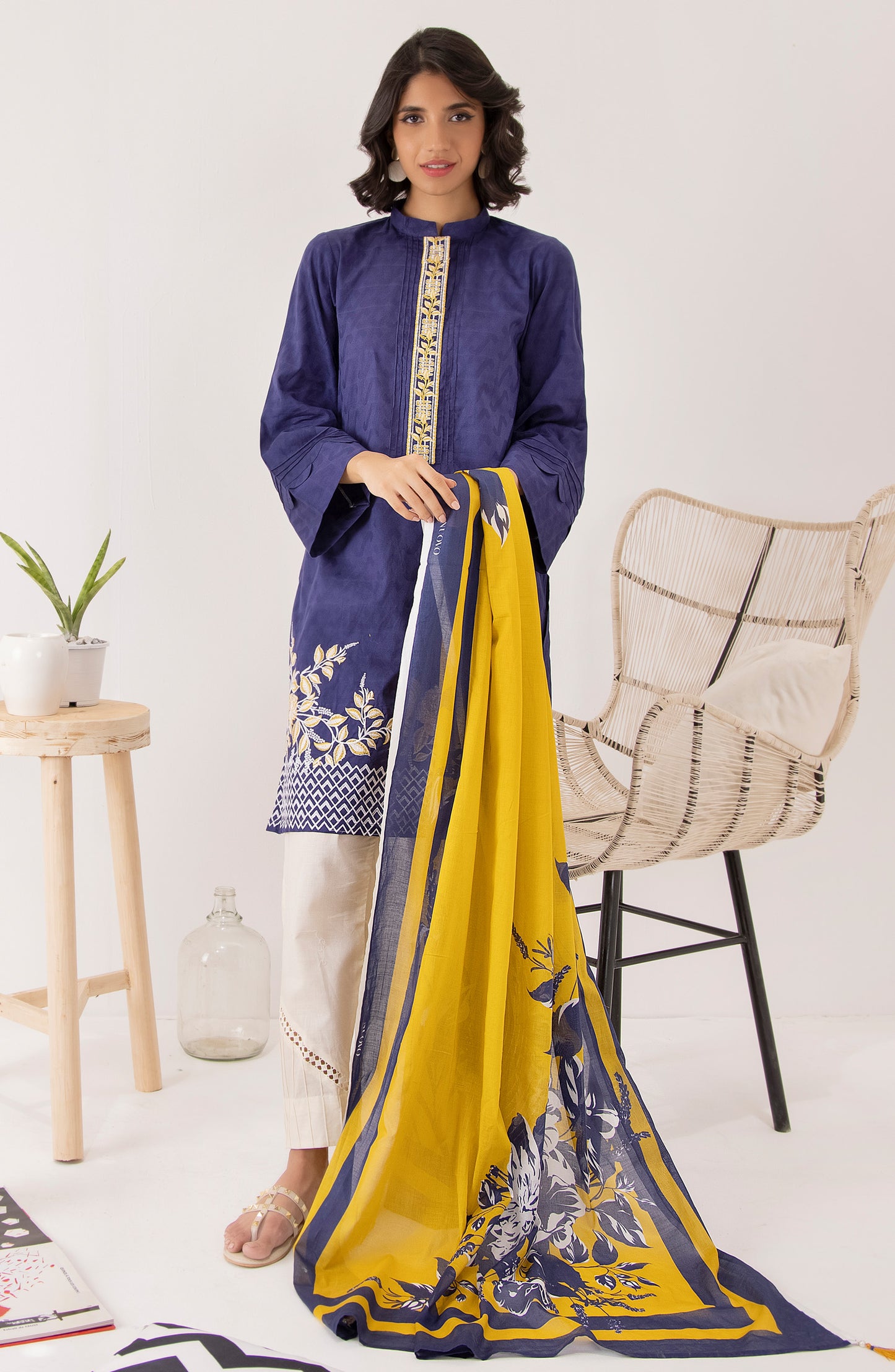 Stitched 2 Piece Embroidered Jacquard Shirt and Lawn Dupatta