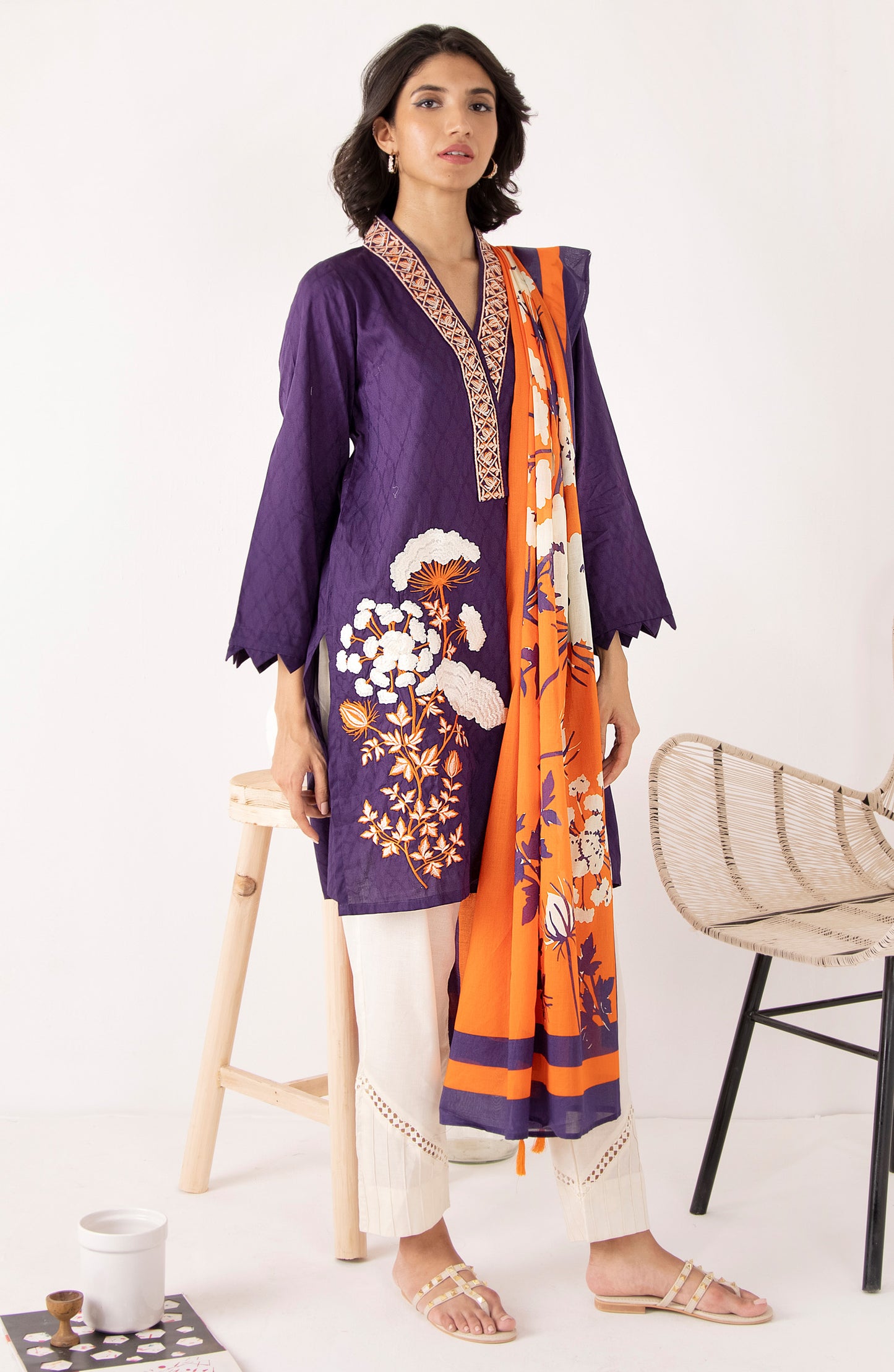 Stitched 2 Piece Embroidered Jacquard Shirt and Lawn Dupatta (NRDS-206/S PURPLE)