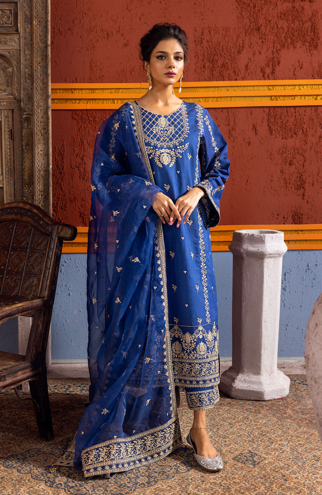 NF-SDT-23-008 BLUE COTTON NET  READY TO WEAR SHIRT DUPATTA PANTS