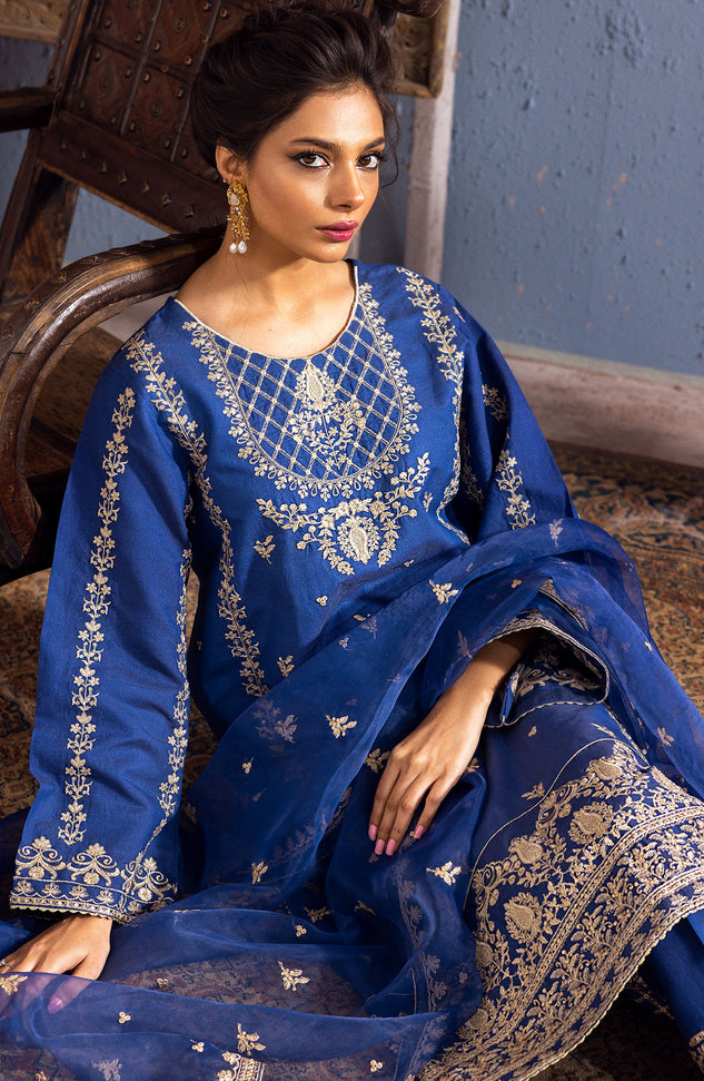 NF-SDT-23-008 BLUE COTTON NET  READY TO WEAR SHIRT DUPATTA PANTS