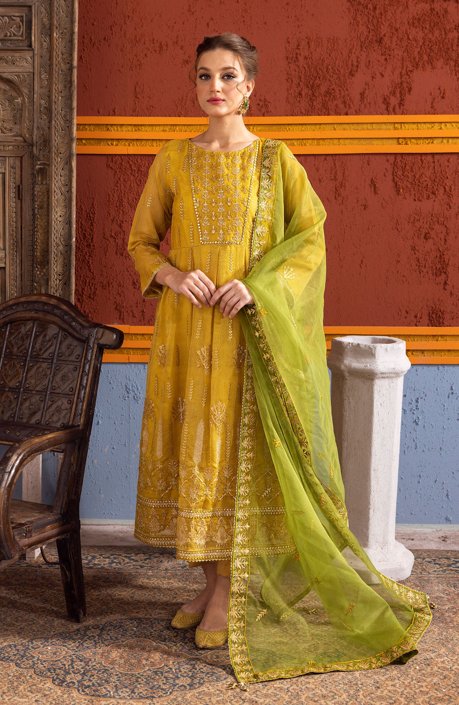 NF-SDT-23-012 YELLOW KHADDI NET  READY TO WEAR SHIRT DUPATTA PANTS