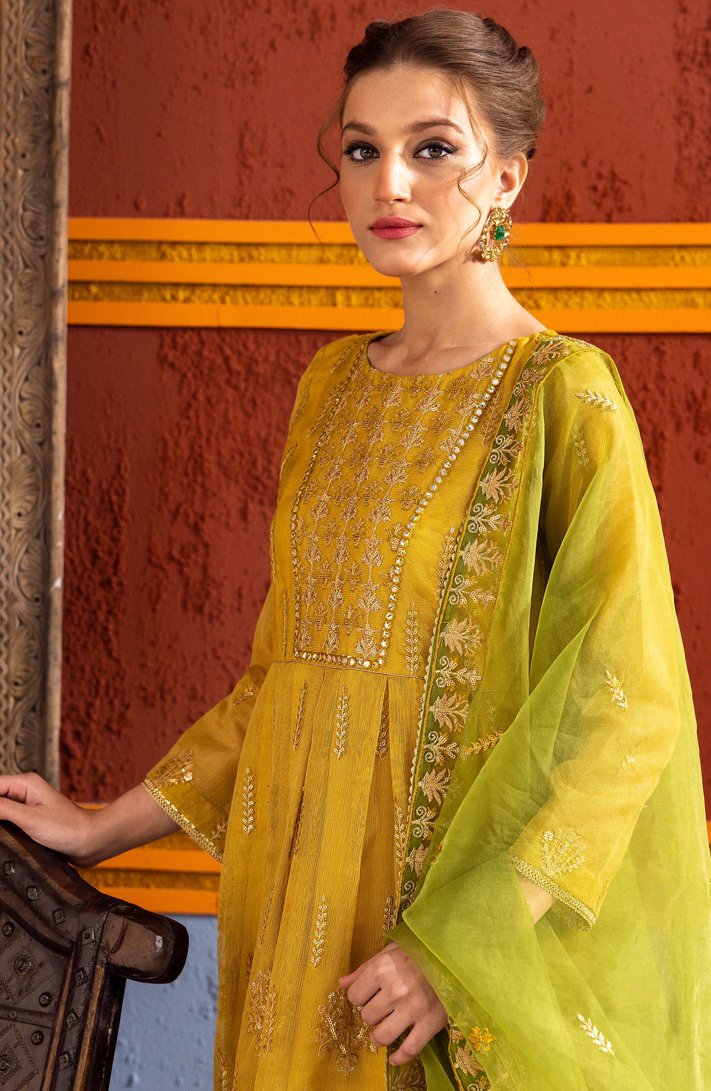 NF-SDT-23-012 YELLOW KHADDI NET  READY TO WEAR SHIRT DUPATTA PANTS