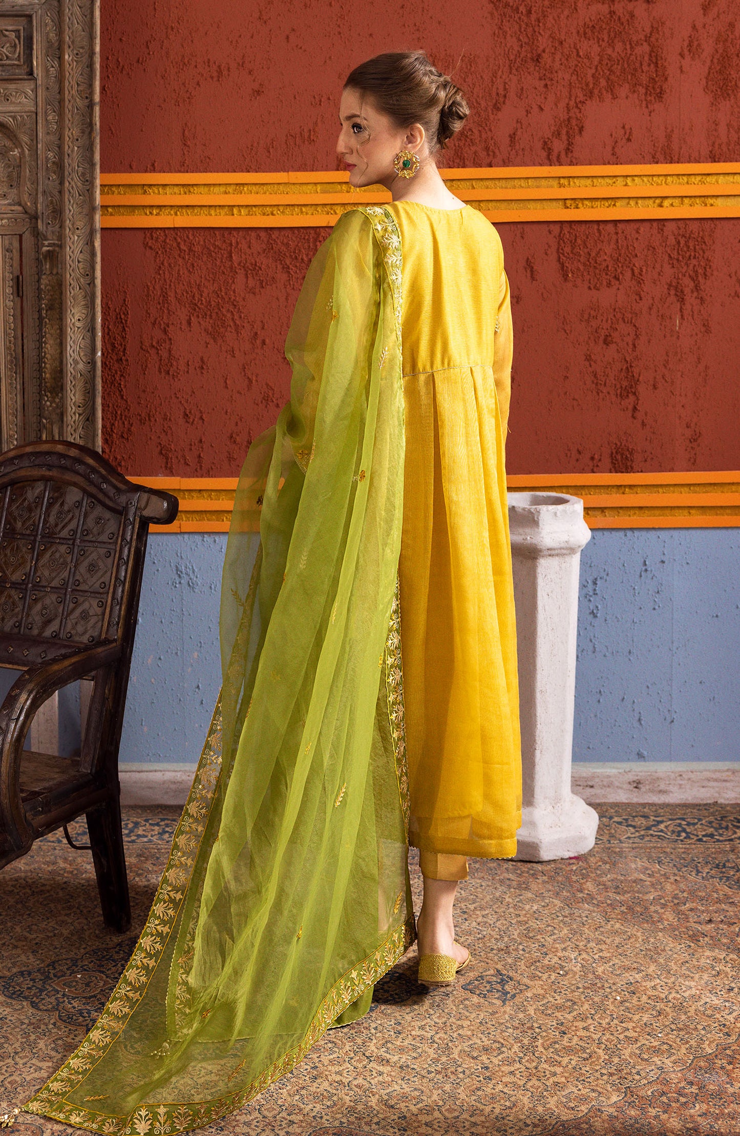 NF-SDT-23-012 YELLOW KHADDI NET  READY TO WEAR SHIRT DUPATTA PANTS