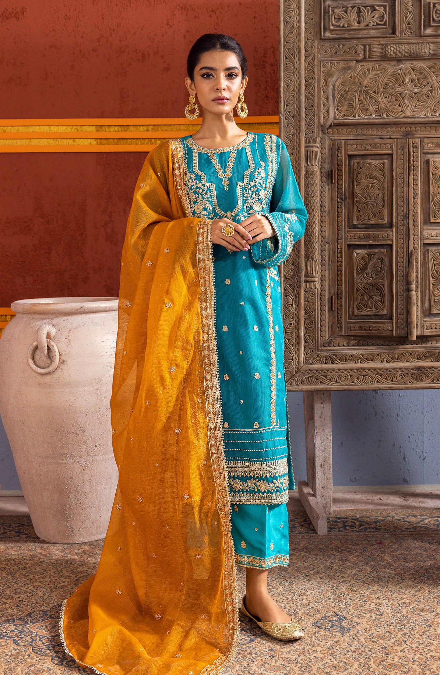 NF-SDT-23-006 GREEN KHADDI NET  READY TO WEAR SHIRT DUPATTA PANTS