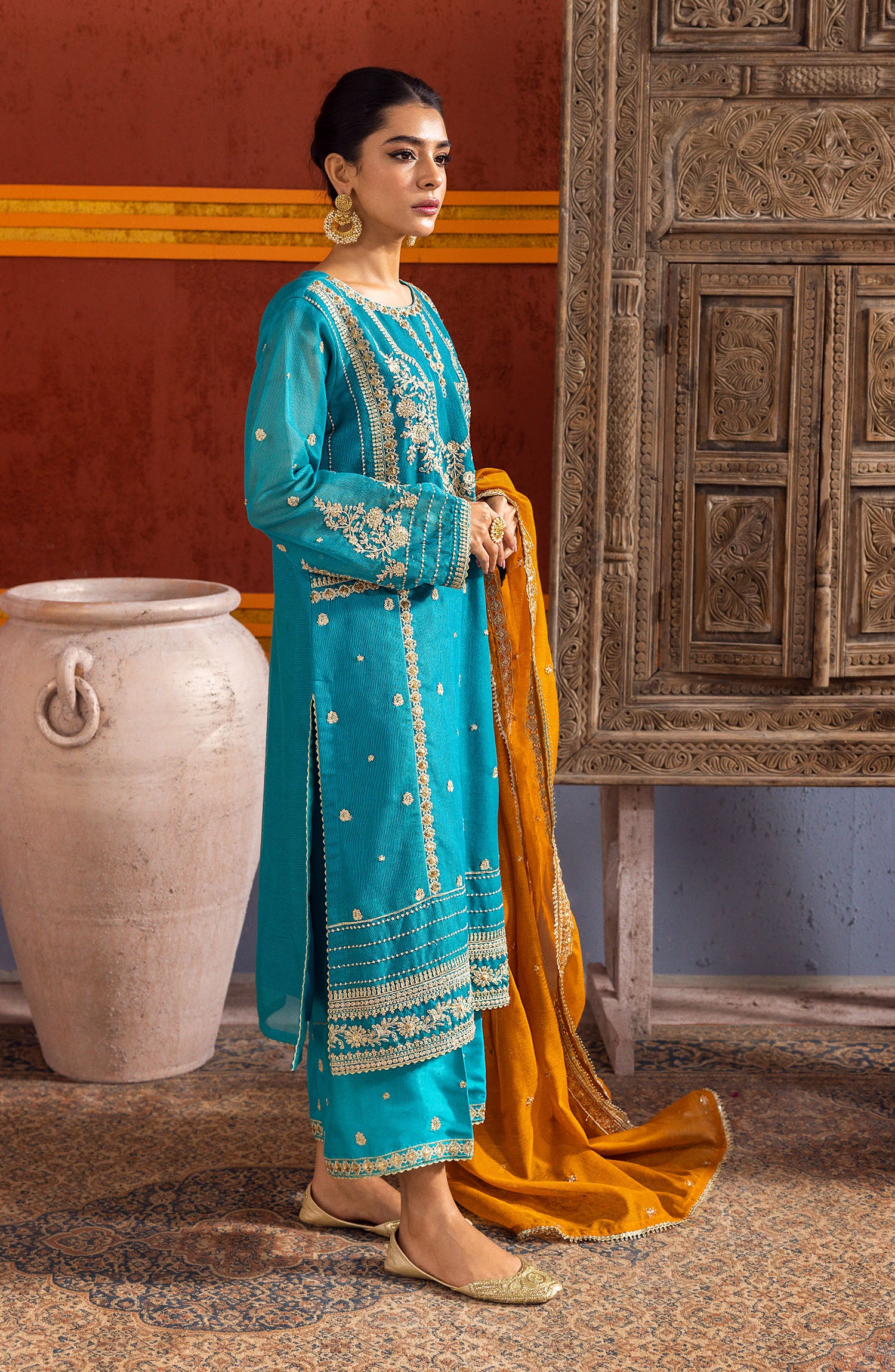 NF-SDT-23-006 GREEN KHADDI NET  READY TO WEAR SHIRT DUPATTA PANTS