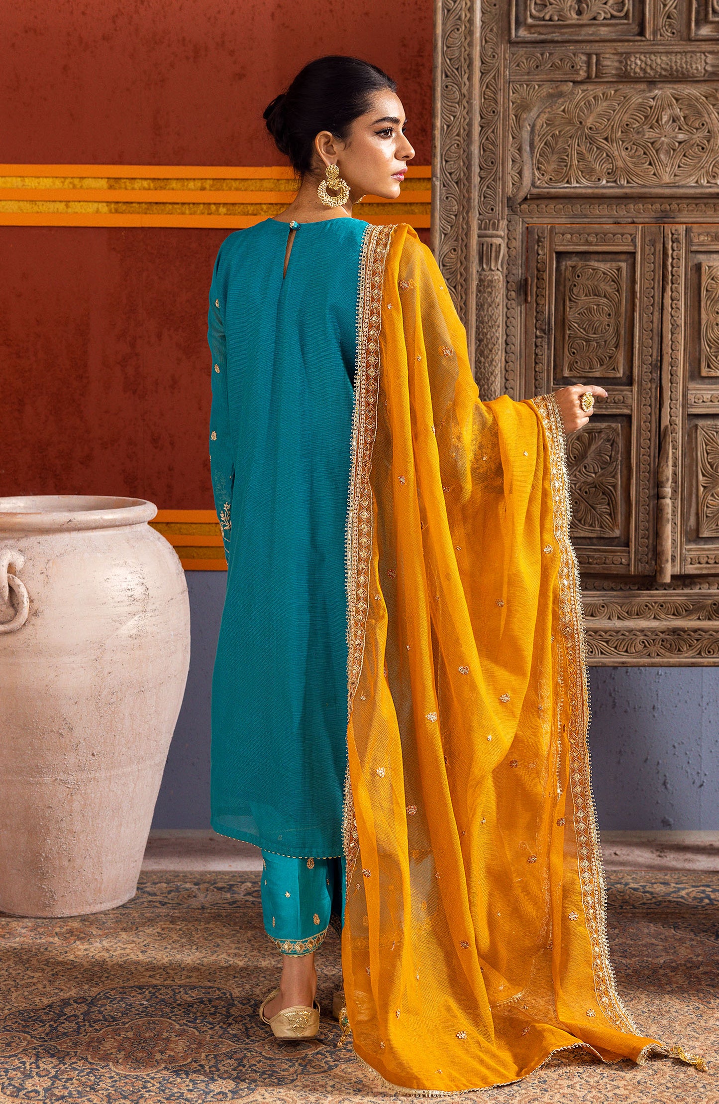 NF-SDT-23-006 GREEN KHADDI NET  READY TO WEAR SHIRT DUPATTA PANTS