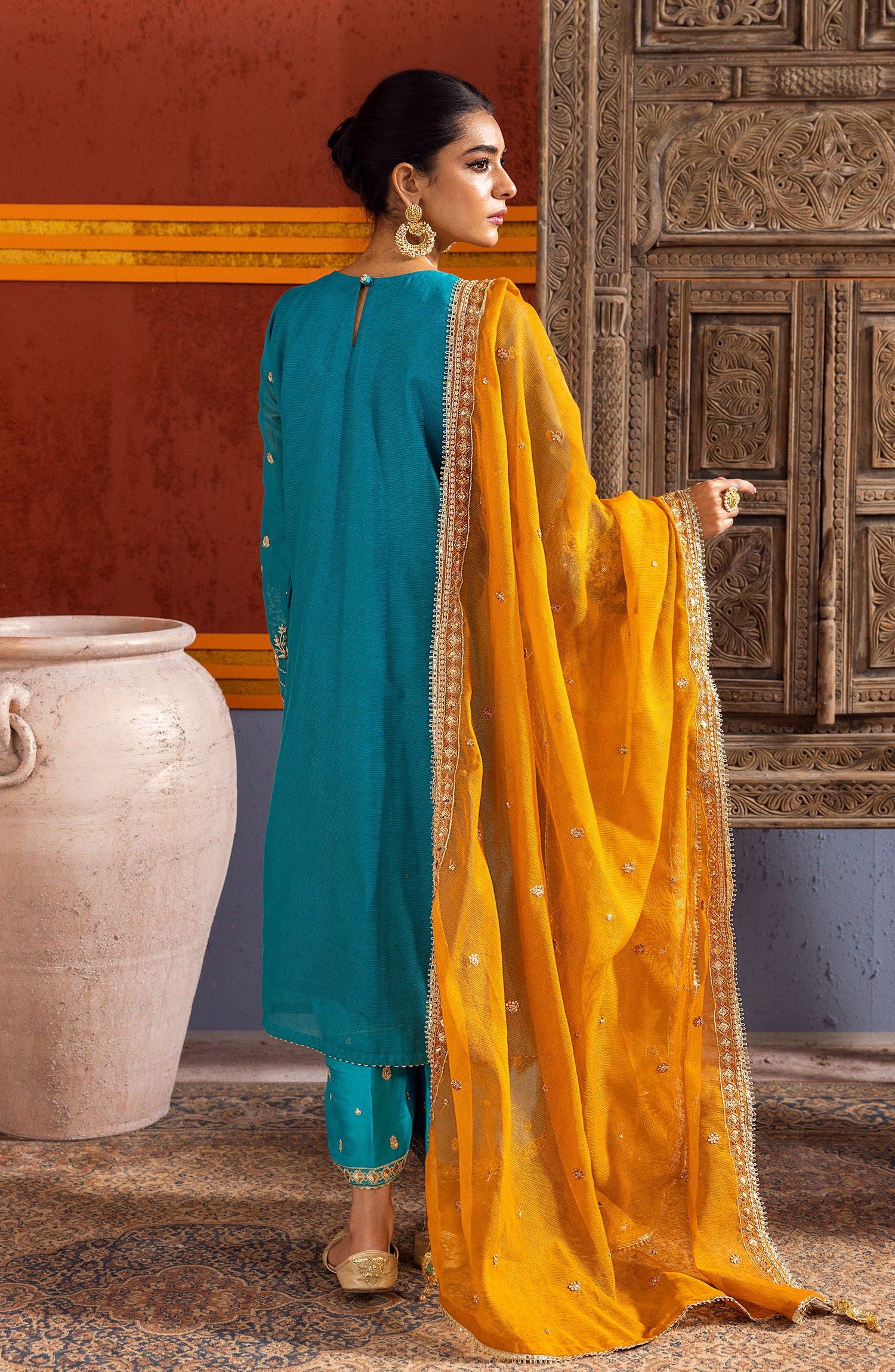 NF-SDT-23-006 GREEN KHADDI NET  READY TO WEAR SHIRT DUPATTA PANTS