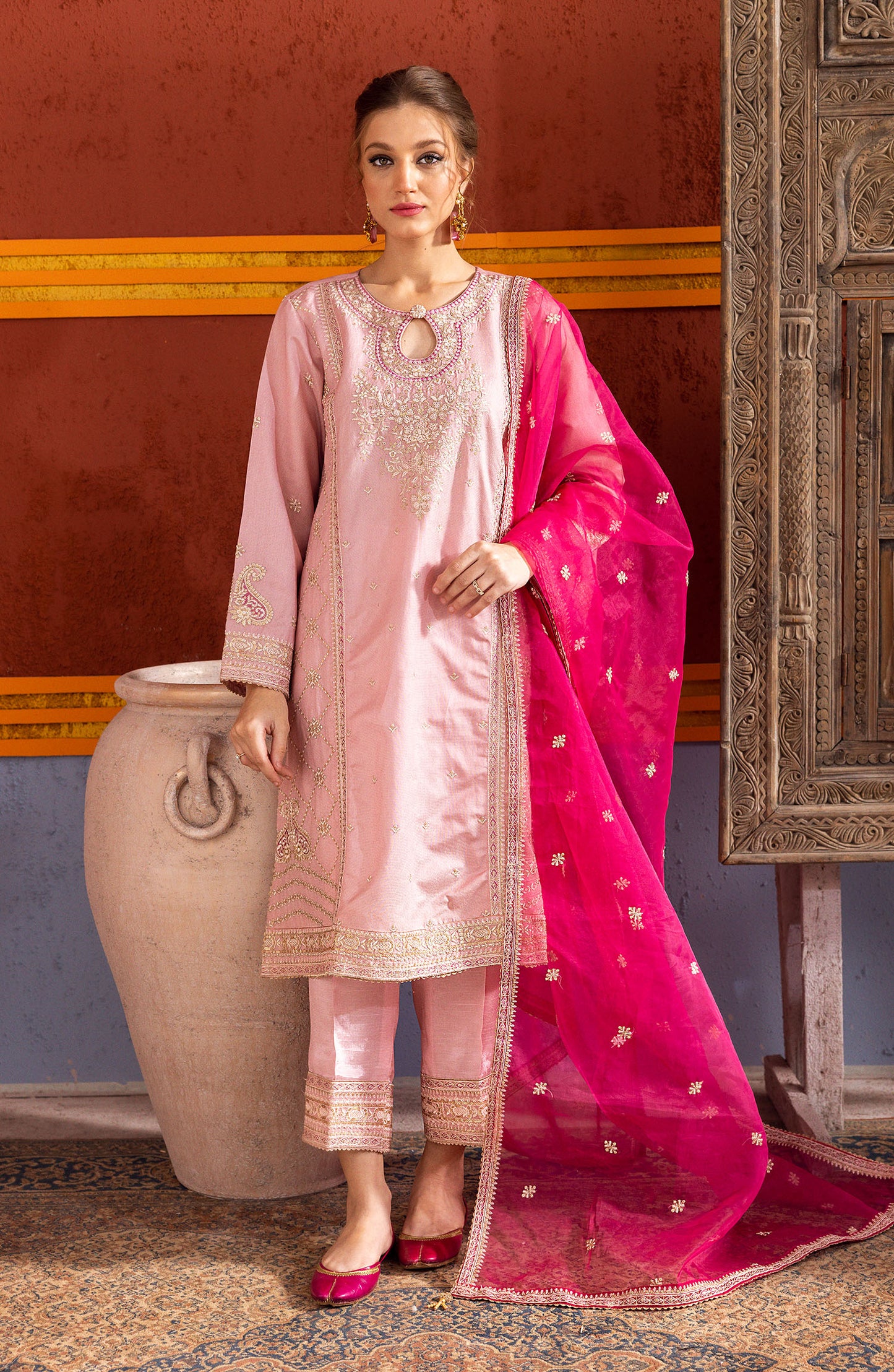 NF-SDT-23-011 PINK COTTON NET  READY TO WEAR SHIRT DUPATTA PANTS