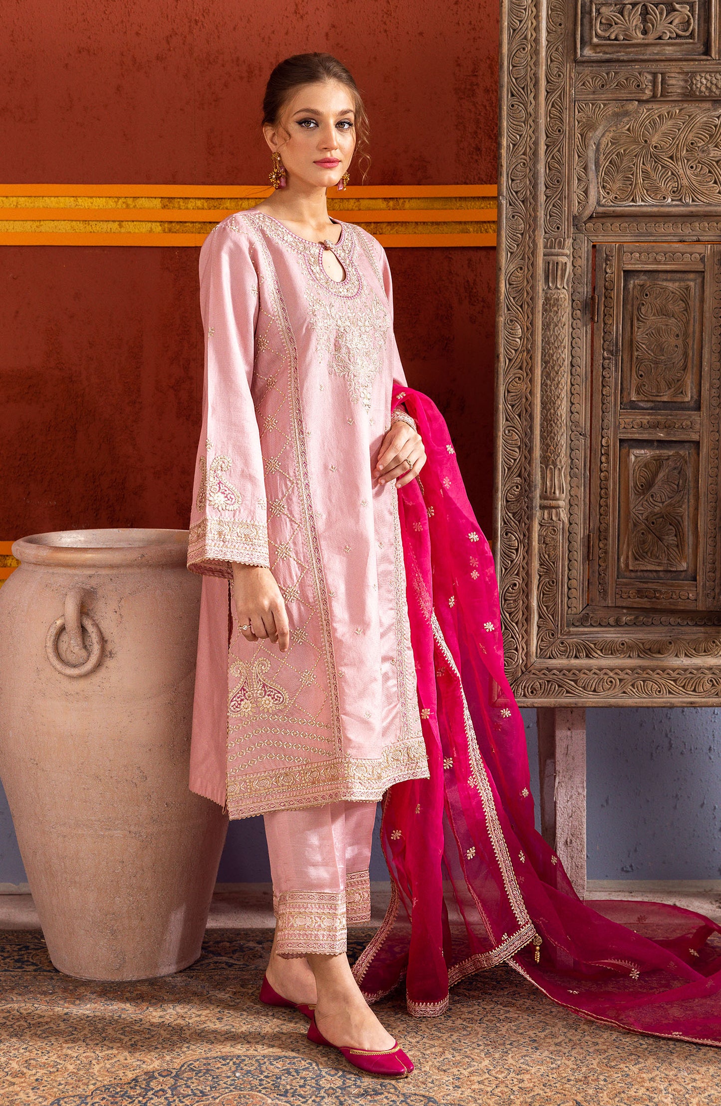 NF-SDT-23-011 PINK COTTON NET  READY TO WEAR SHIRT DUPATTA PANTS