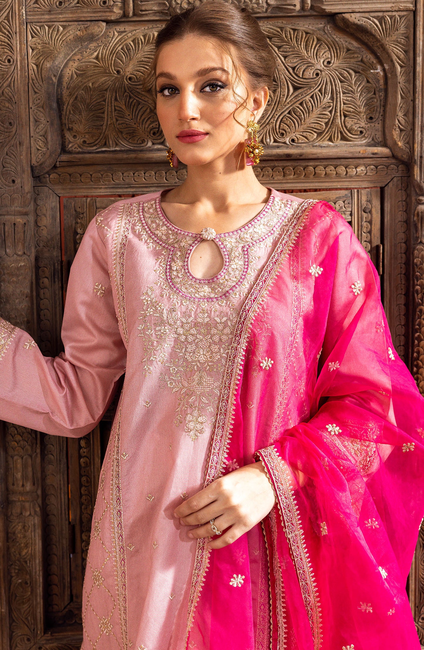NF-SDT-23-011 PINK COTTON NET  READY TO WEAR SHIRT DUPATTA PANTS