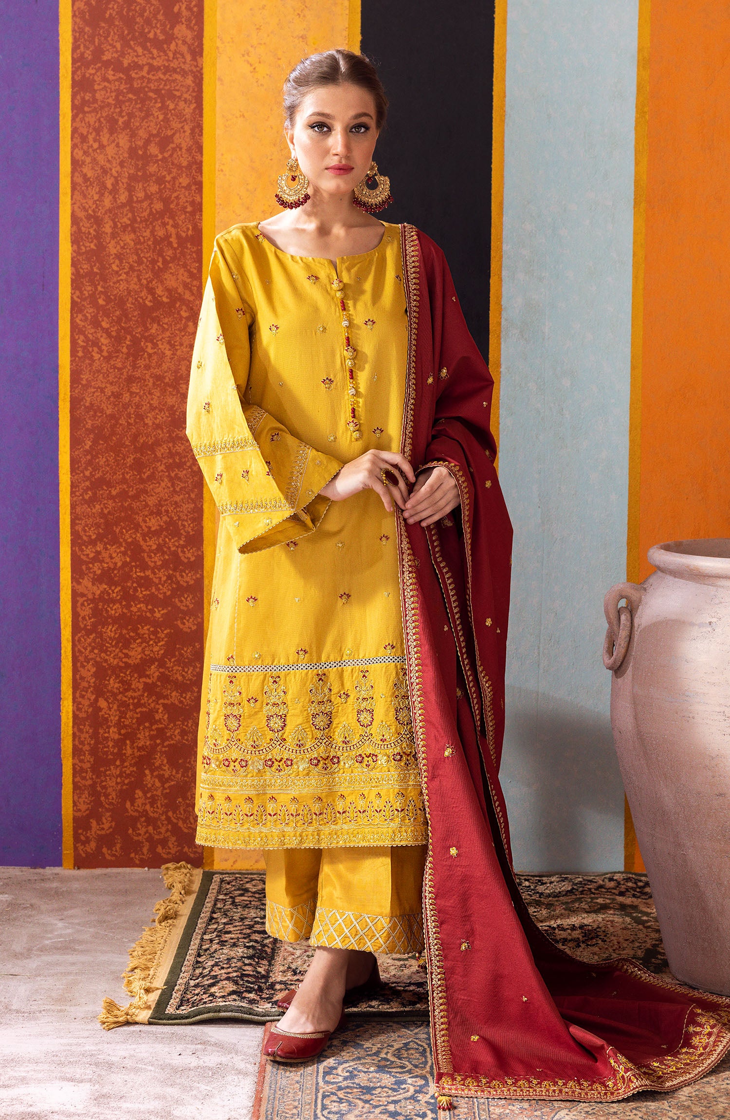 NF-SDT-23-002 MUSTARD COTTON NET  READY TO WEAR SHIRT DUPATTA PANTS