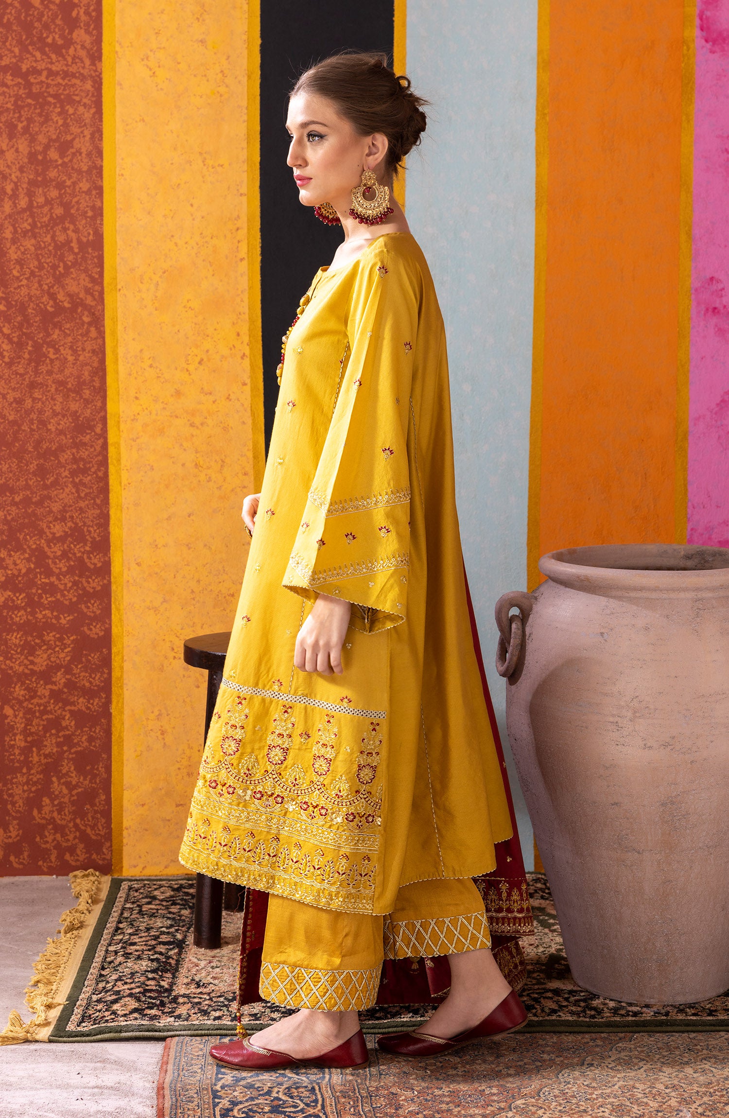 NF-SDT-23-002 MUSTARD COTTON NET  READY TO WEAR SHIRT DUPATTA PANTS