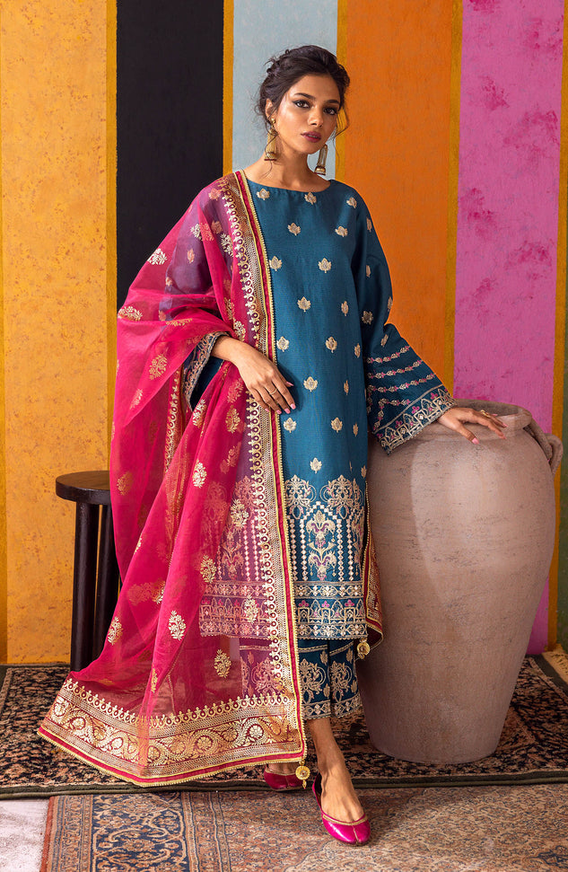 NF-SDT-23-015 TEAL COTTON NET  READY TO WEAR SHIRT DUPATTA PANTS