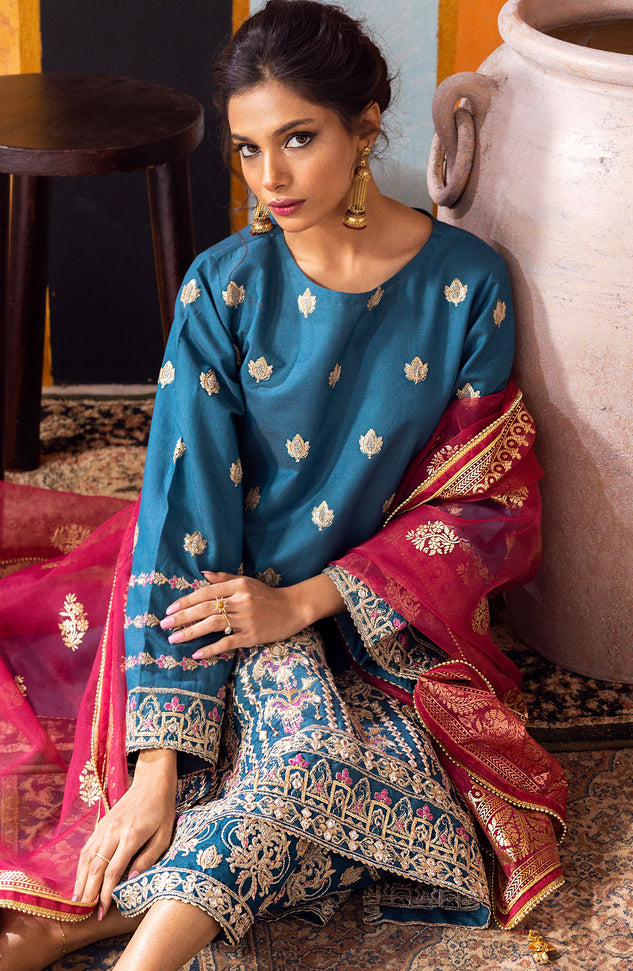 NF-SDT-23-015 TEAL COTTON NET  READY TO WEAR SHIRT DUPATTA PANTS