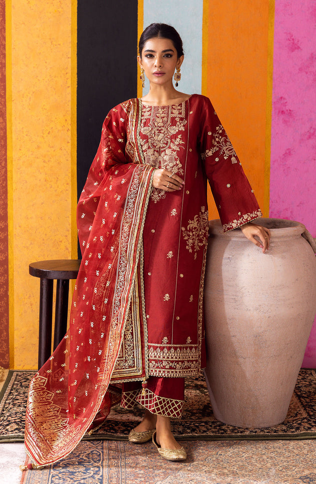NF-SDT-23-014 MAROON COTTON NET  READY TO WEAR SHIRT DUPATTA PANTS