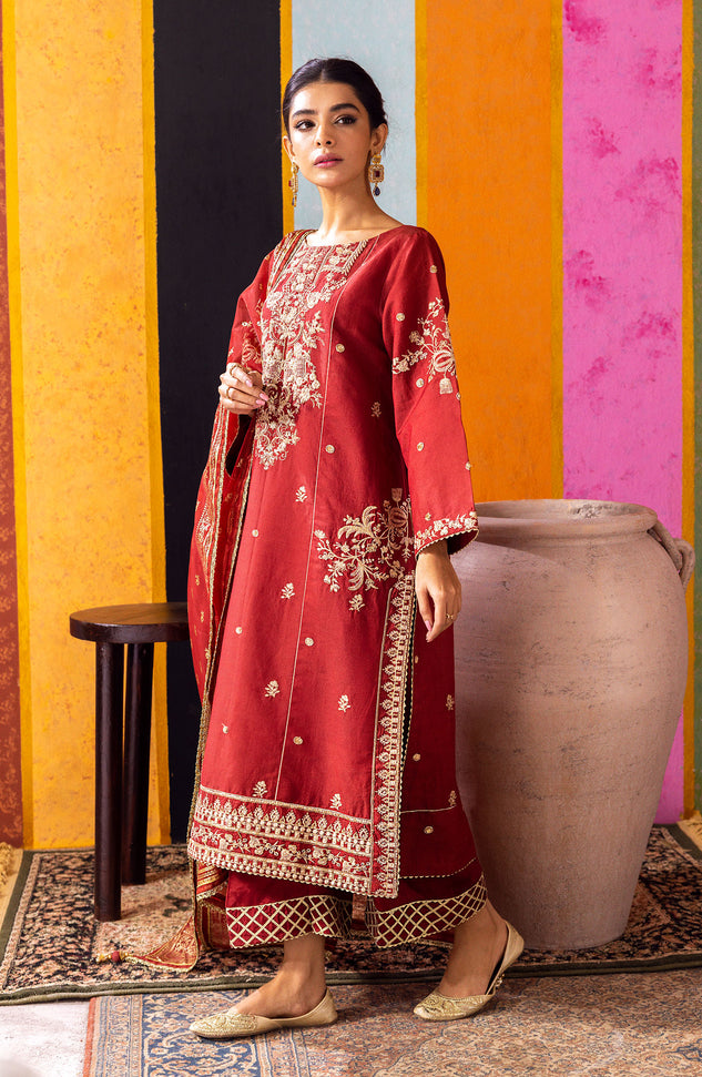 NF-SDT-23-014 MAROON COTTON NET  READY TO WEAR SHIRT DUPATTA PANTS