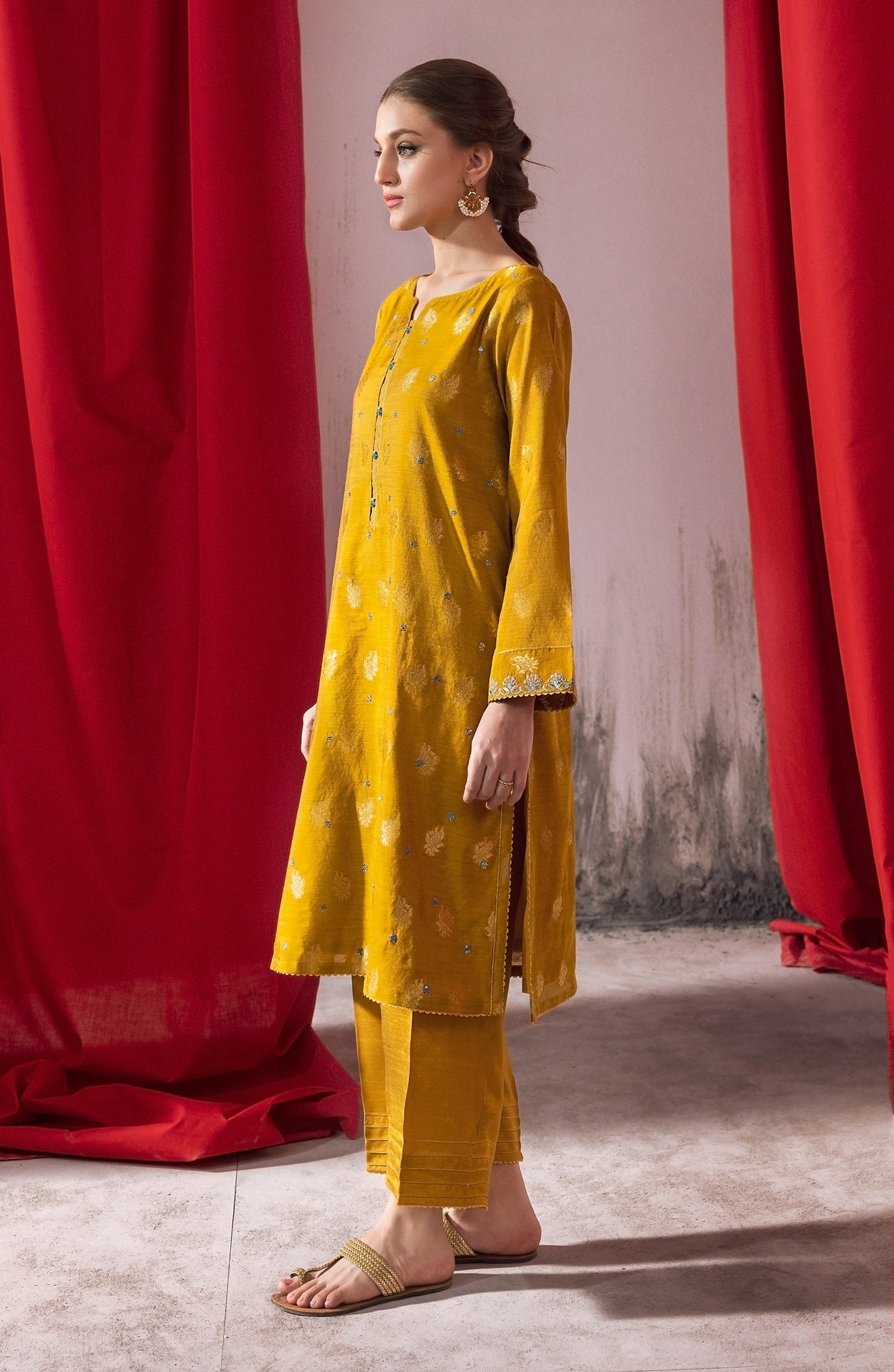 NHC-ST-23-016 MUSTARD JACQUARD  READY TO WEAR SHIRT PANTS