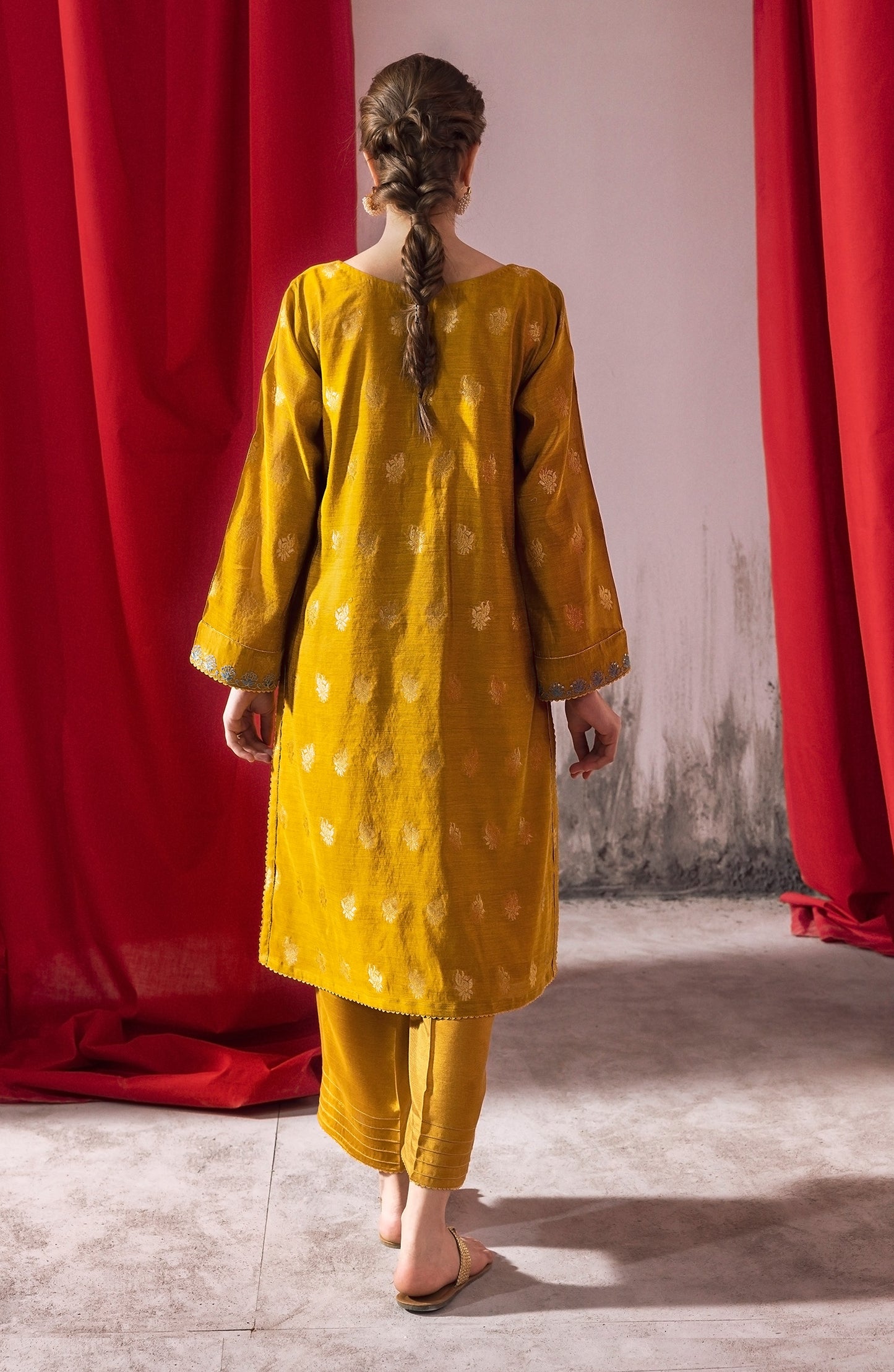 NHC-ST-23-016 MUSTARD JACQUARD  READY TO WEAR SHIRT PANTS