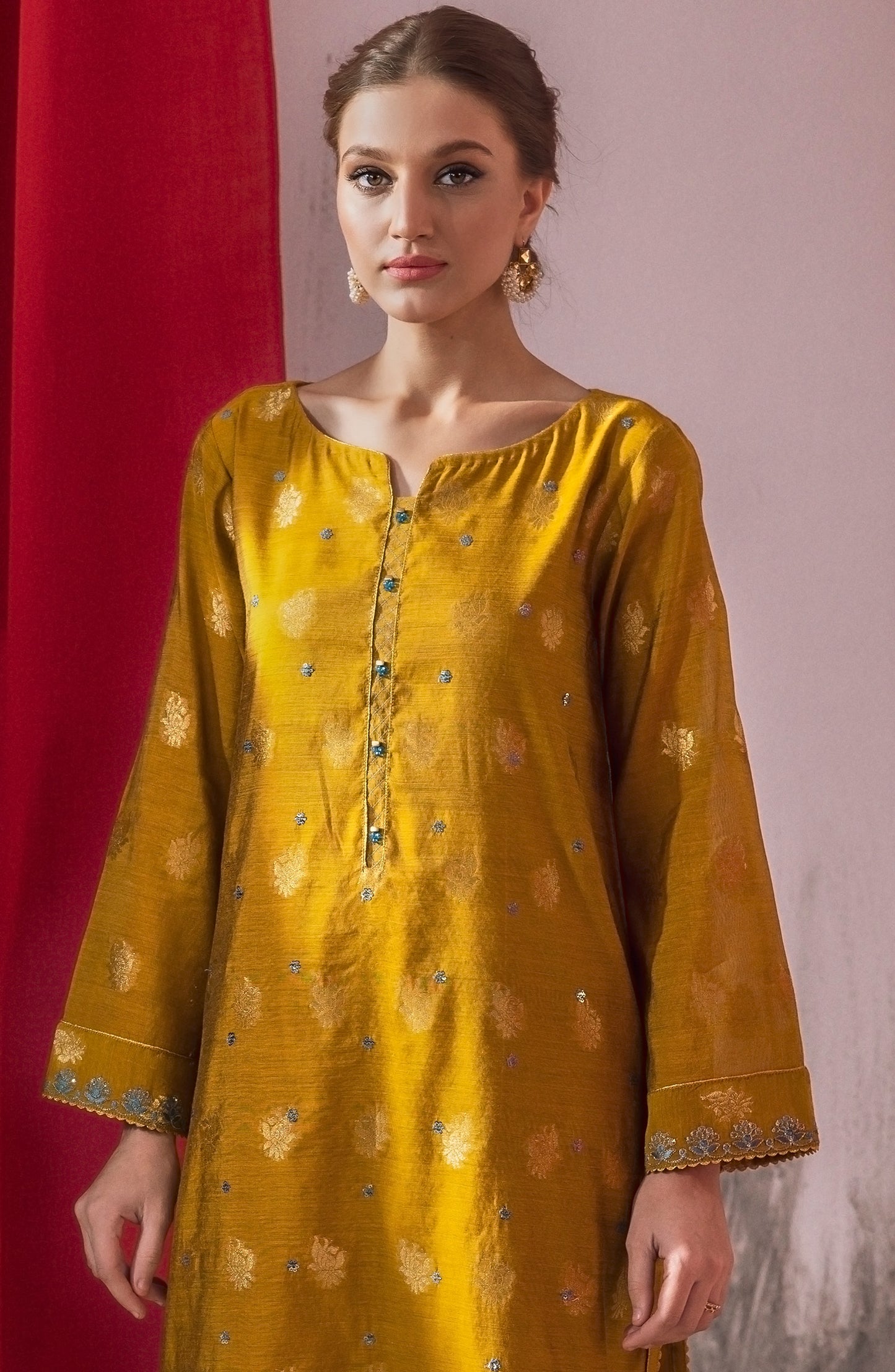 NHC-ST-23-016 MUSTARD JACQUARD  READY TO WEAR SHIRT PANTS