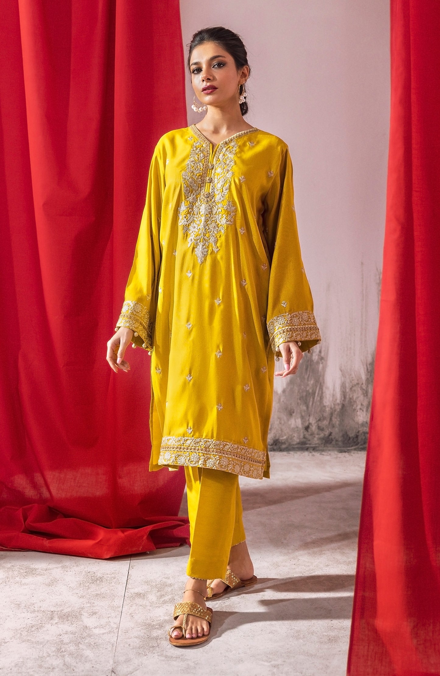NHC-ST-23-002 MUSTARD RAW SILK  READY TO WEAR SHIRT PANTS