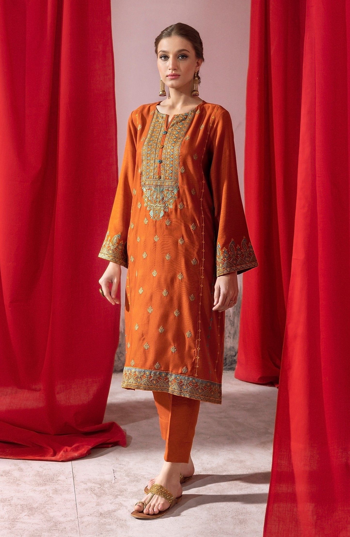 NHC-ST-23-025 RUST RAW SILK  READY TO WEAR SHIRT PANTS