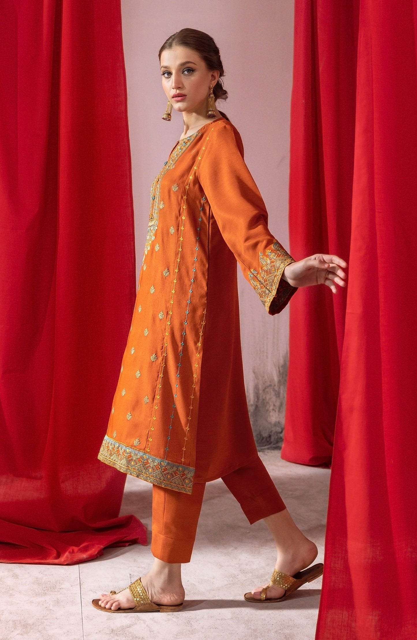 NHC-ST-23-025 RUST RAW SILK  READY TO WEAR SHIRT PANTS