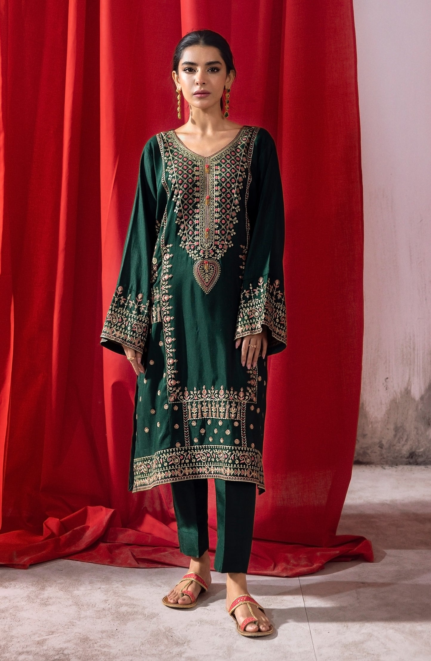 NHC-ST-23-024 GREEN RAW SILK  READY TO WEAR SHIRT PANTS