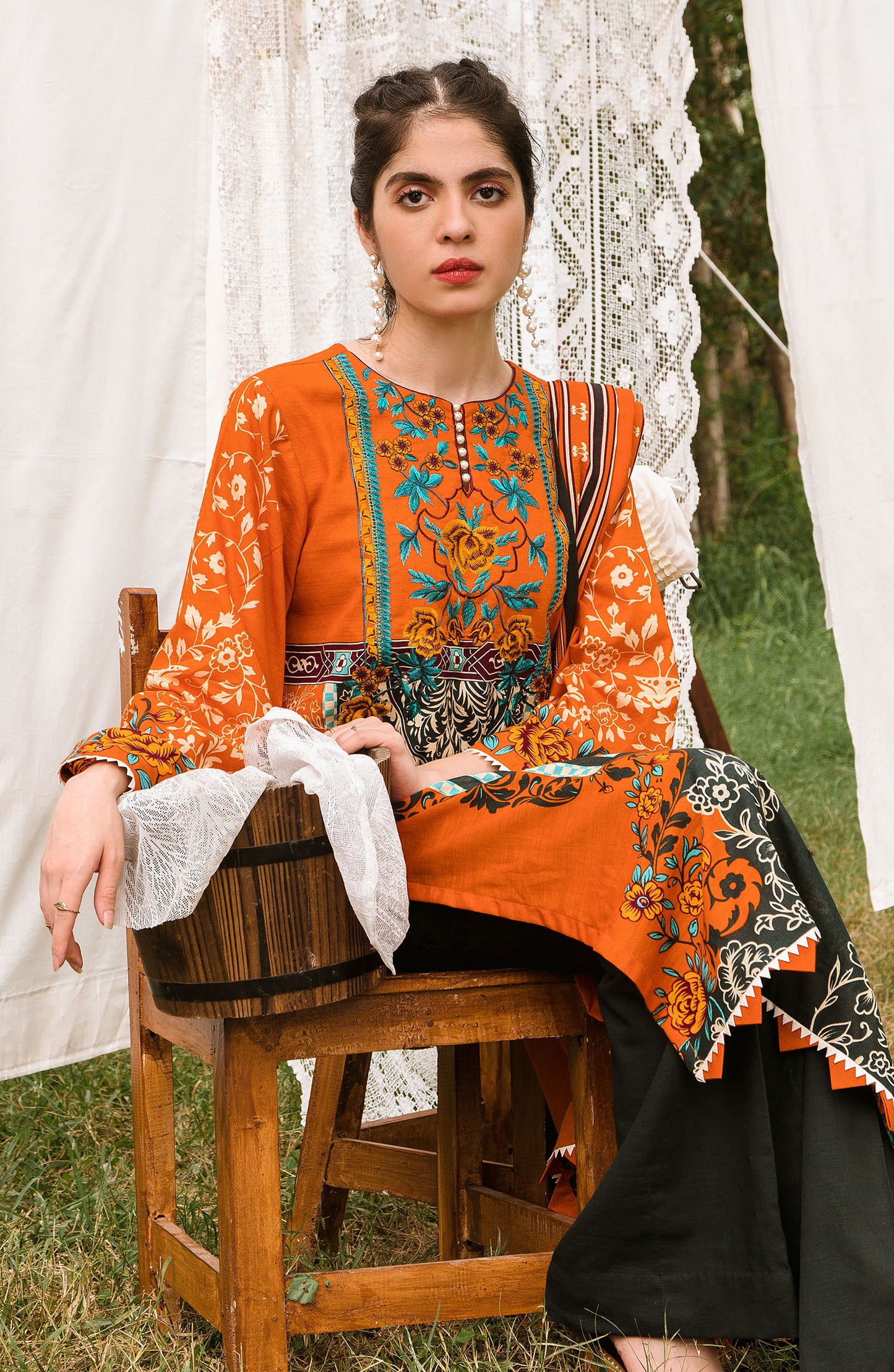 Unstitched 3 Piece Embroidered Khaddar Suit (OTL-20-162/A (Orange))