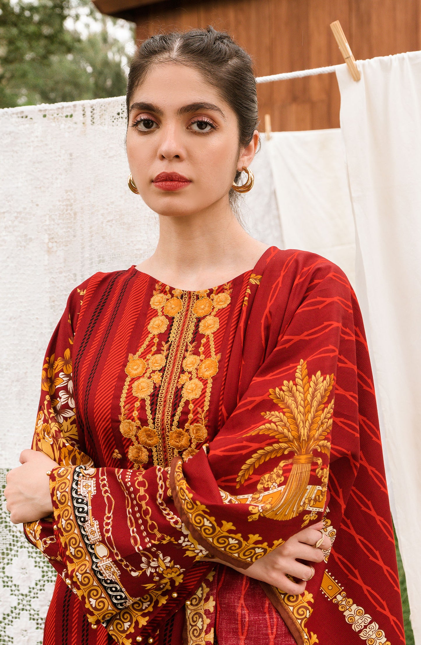 Unstitched 3 Piece Embroidered Textured Heavy Cotton Suit (OTL-20-165/A (Red))