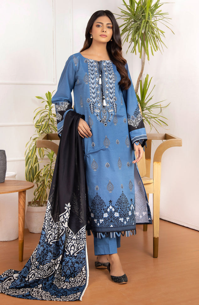 Unstitched 3 Piece Embroidered Lawn Shirt And Net Lawn Dupatta