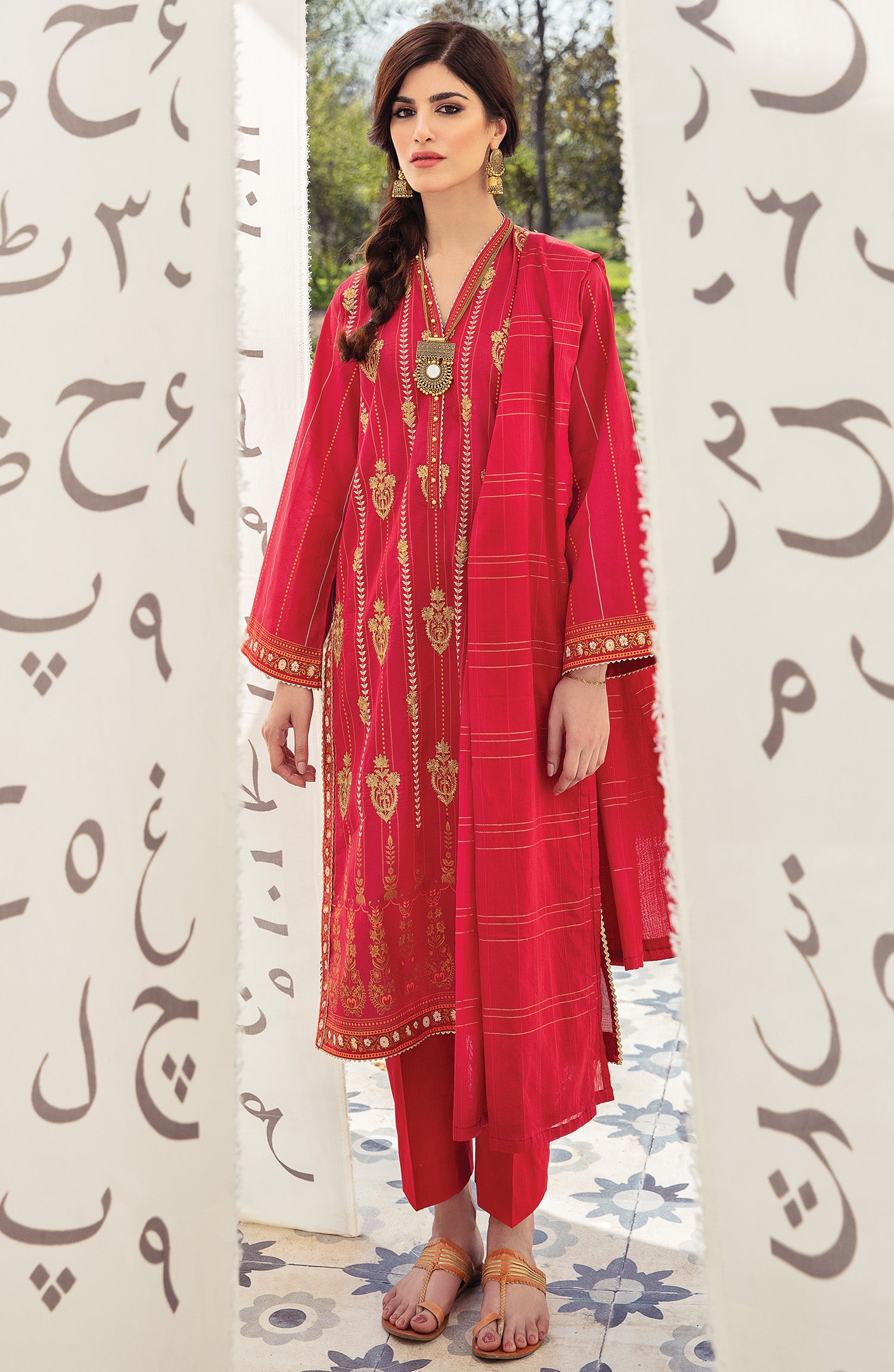 Unstitched 3 Piece Embroidered Lawn Suit (OTL-21-047/U RED)