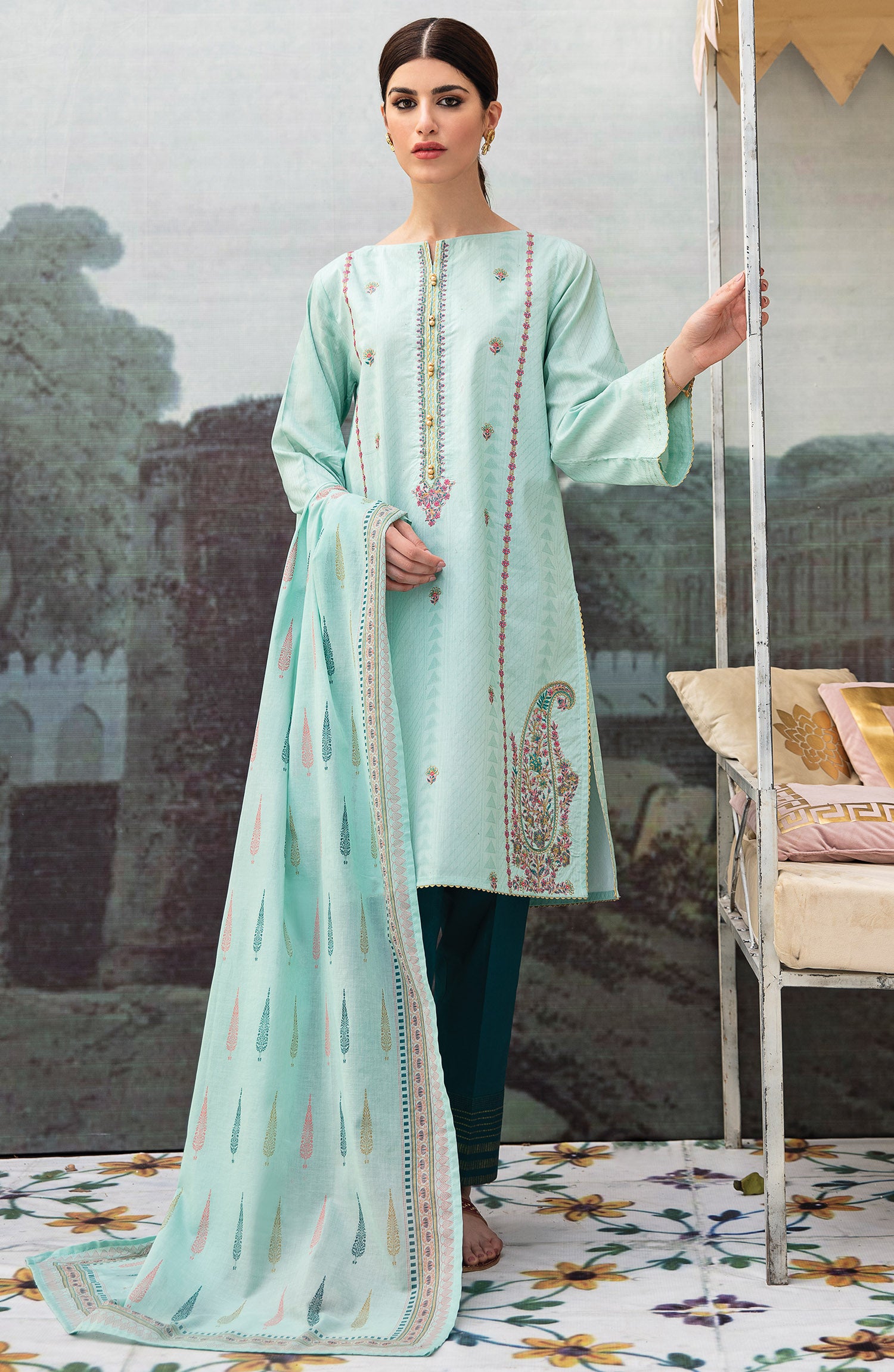 Unstitched 3 Piece Embroidered Jacquard Suit (OTL-21-050/U GREEN)
