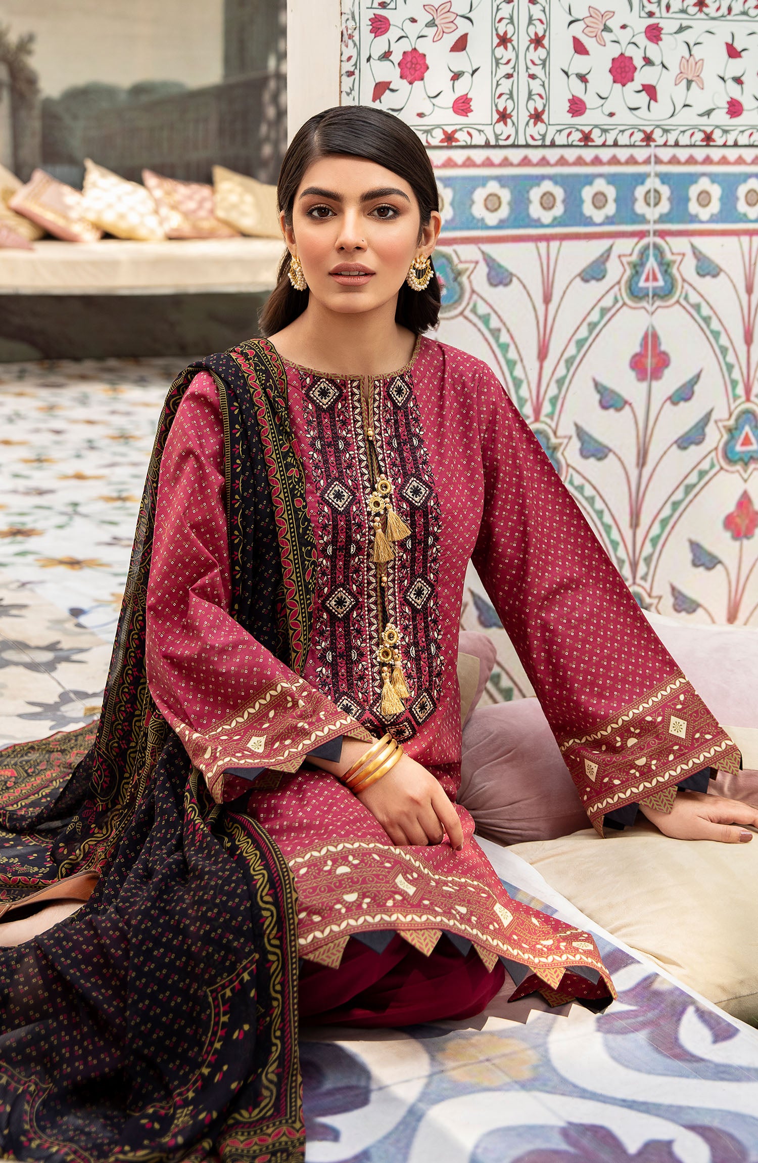 Unstitched 3 Piece Embroidered Lawn Suit (NRDS-278/U MAROON)