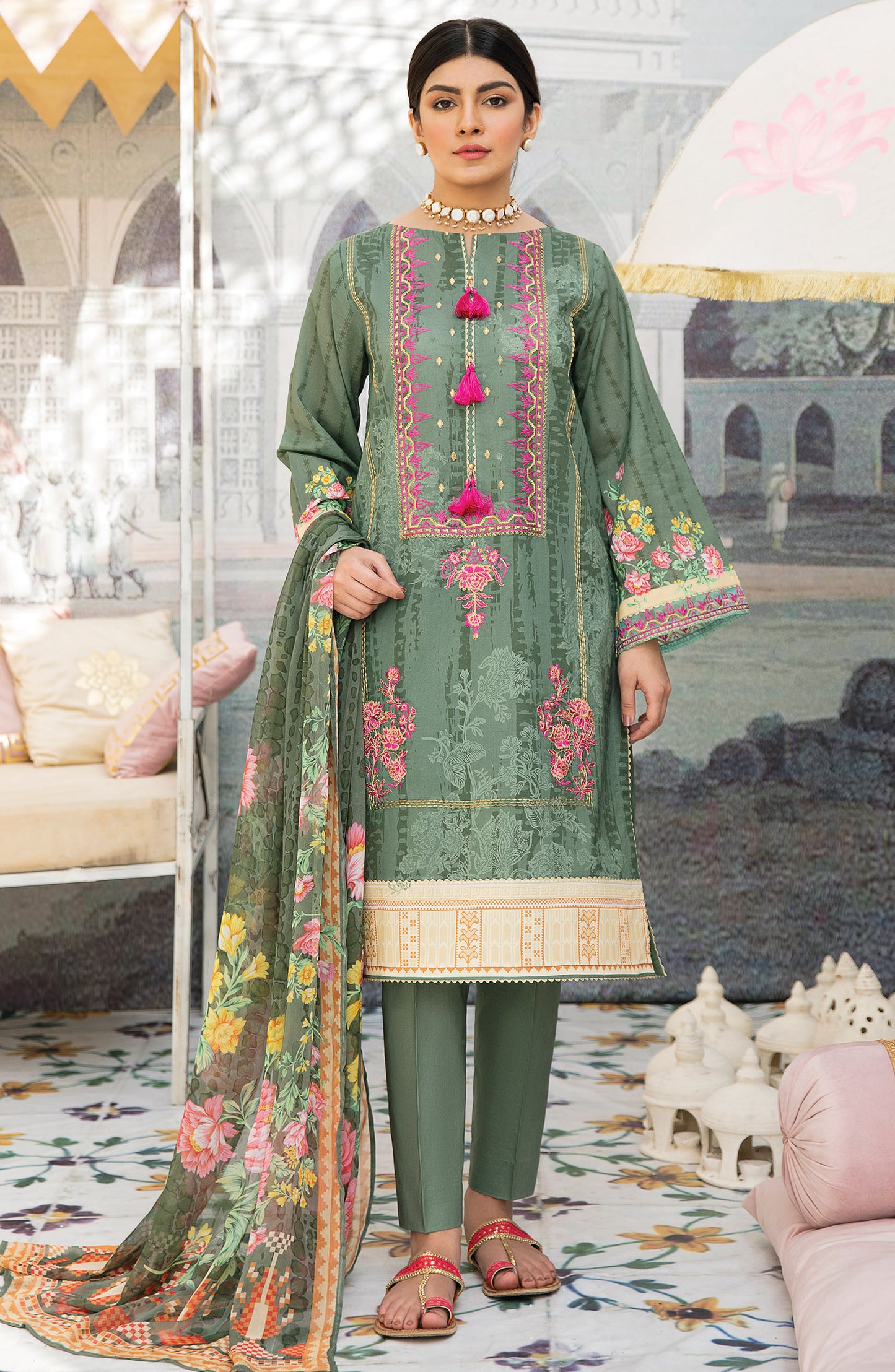 Unstitched 3 Piece Embroidered Lawn Suit (OTL-21-044/U GREEN)