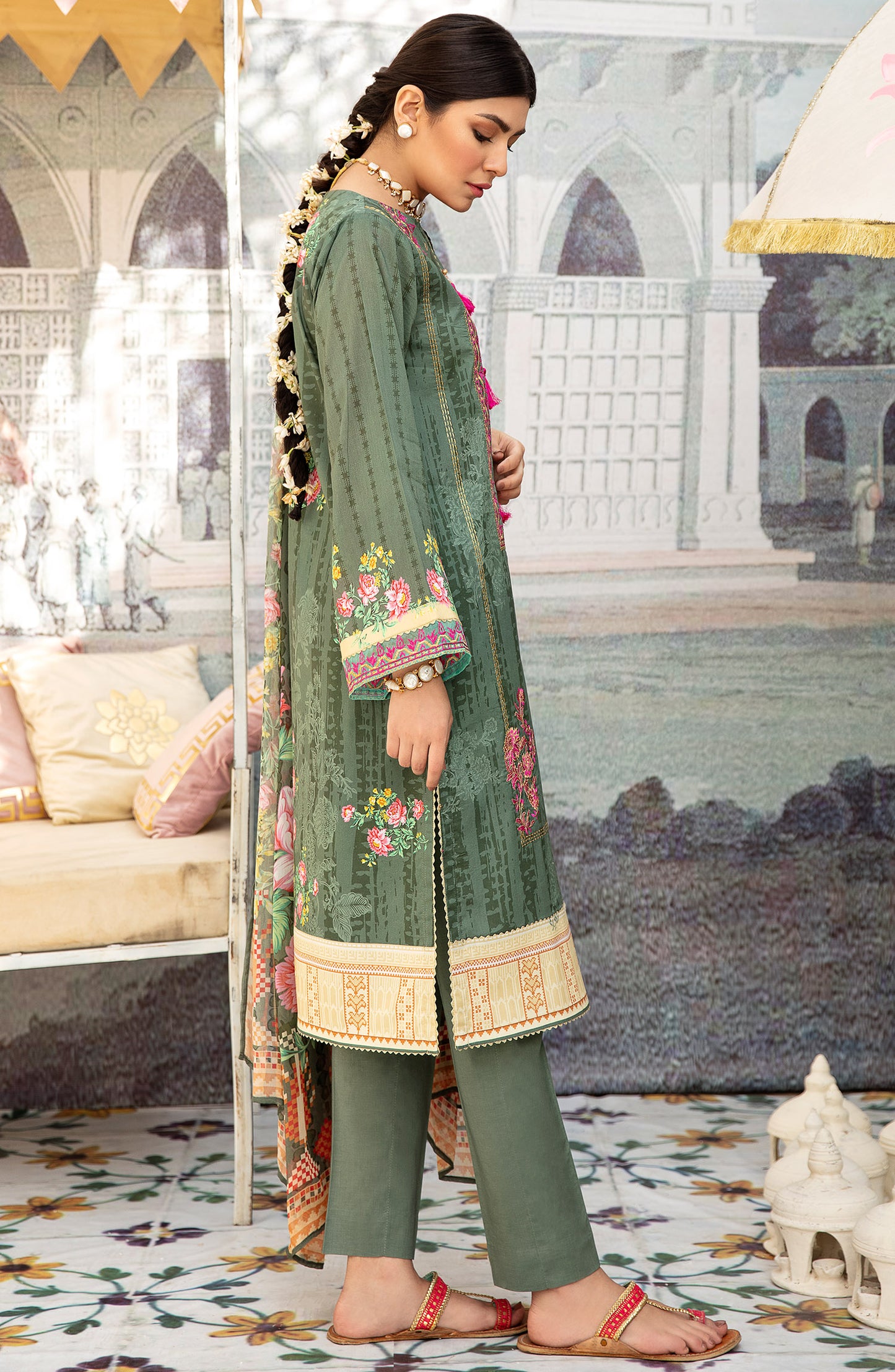 Unstitched 3 Piece Embroidered Lawn Suit (OTL-21-044/U GREEN)