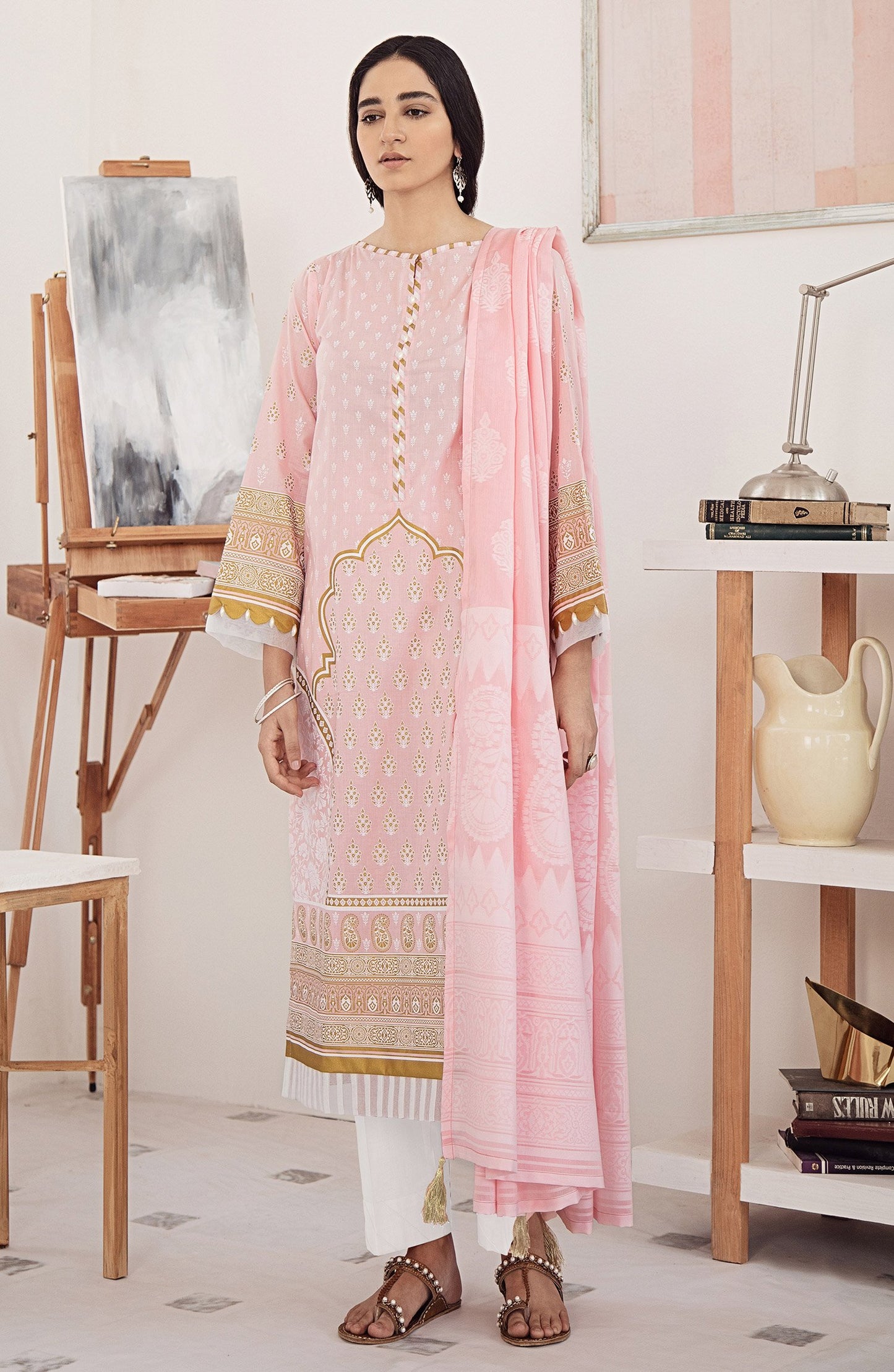 Unstitched 2PC Pearl Printed Shirt Jacquard Dupatta