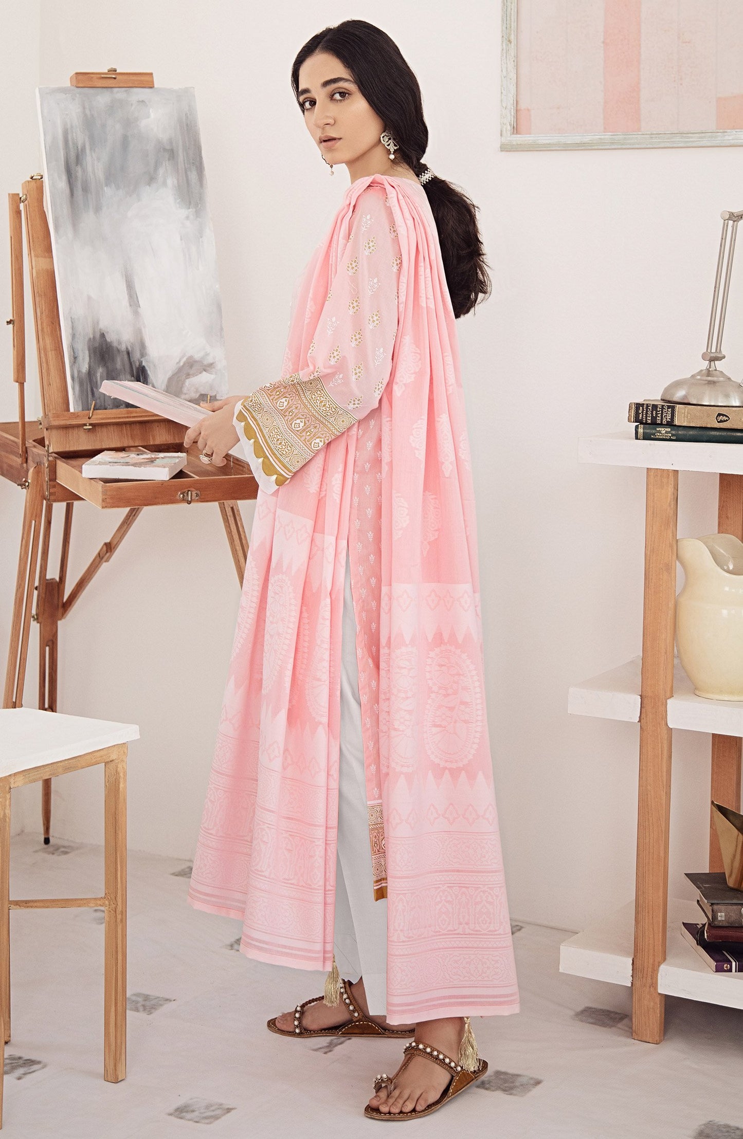 Unstitched 2PC Pearl Printed Shirt Jacquard Dupatta