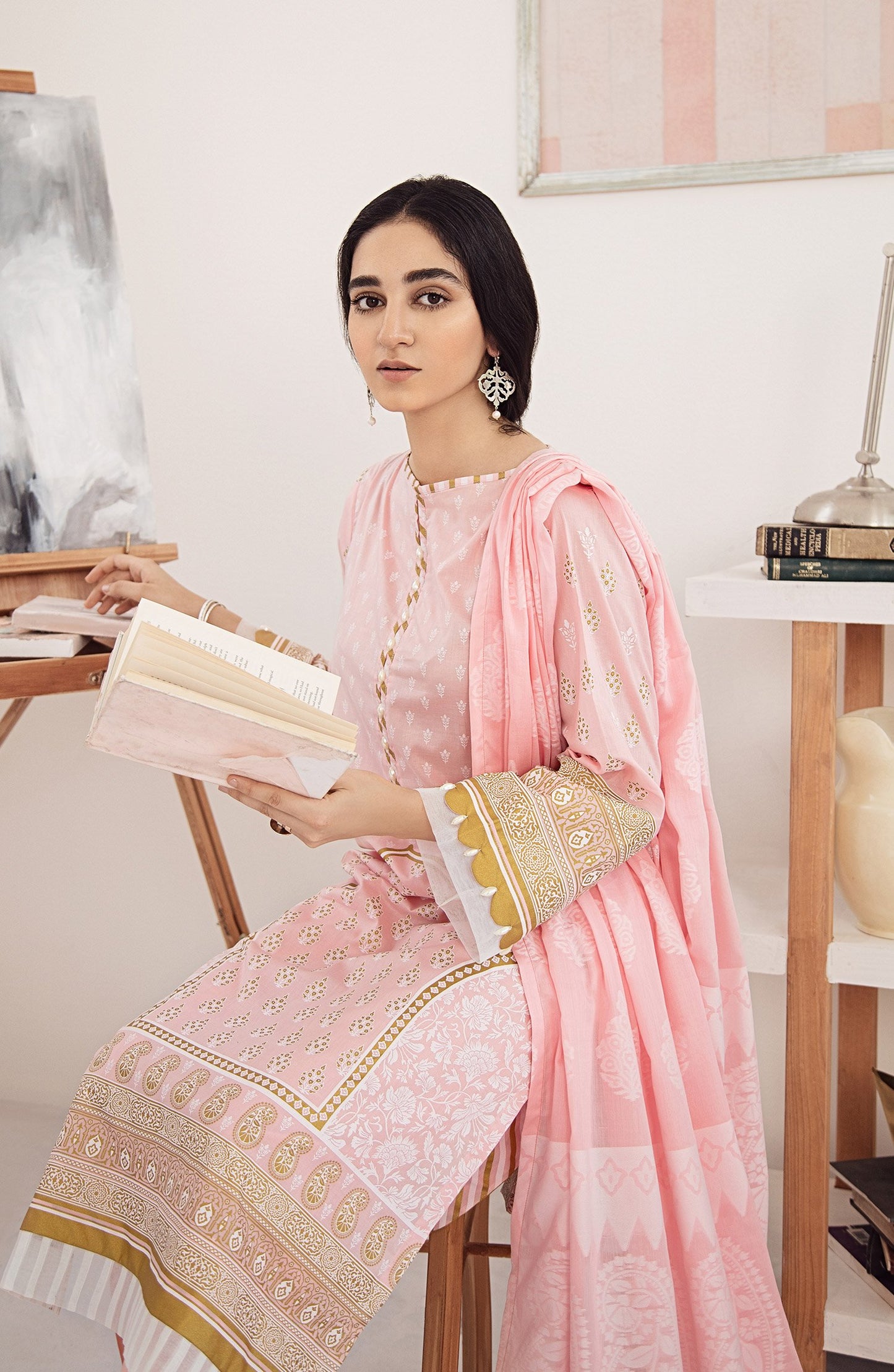 Unstitched 2PC Pearl Printed Shirt Jacquard Dupatta