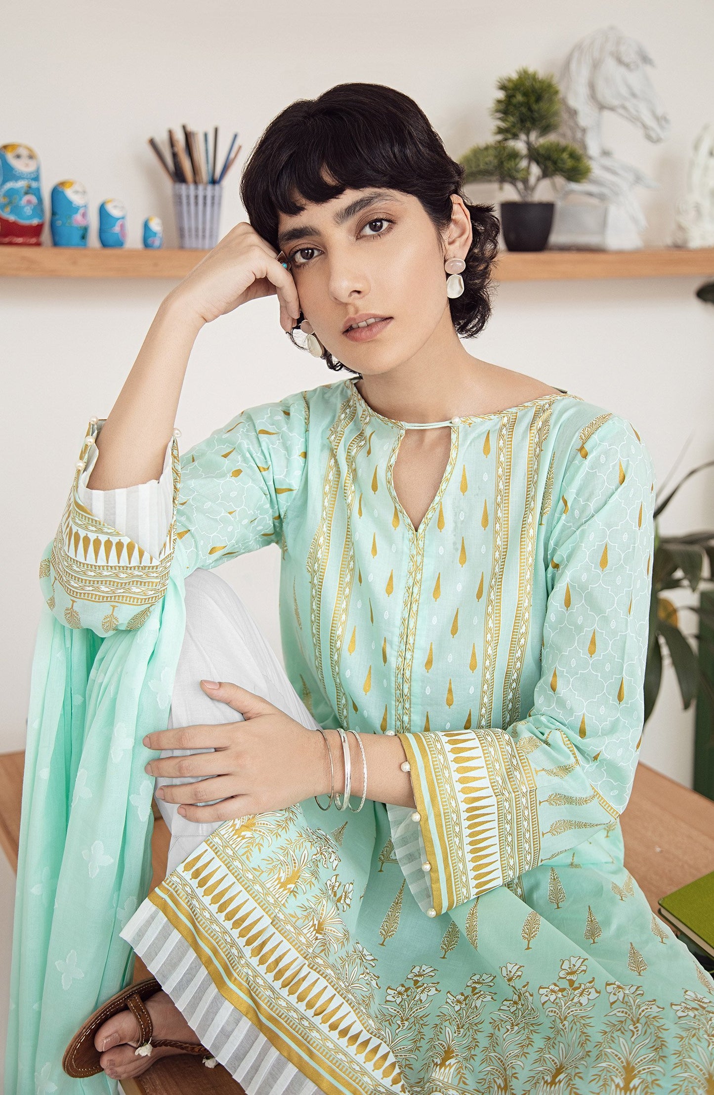 Unstitched 2PC Pearl Printed Shirt Jacquard Dupatta